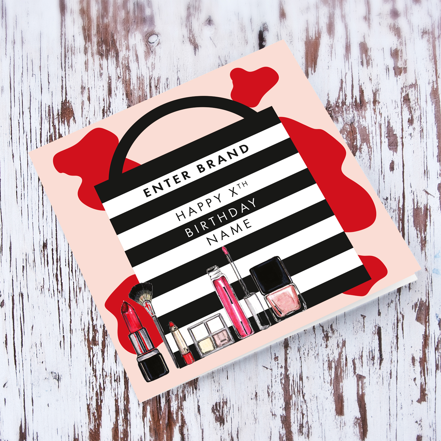 A beautiful make up themed birthday card, featuring a black and white striped bag with a modern background in English (Enter Age & Personalisable)