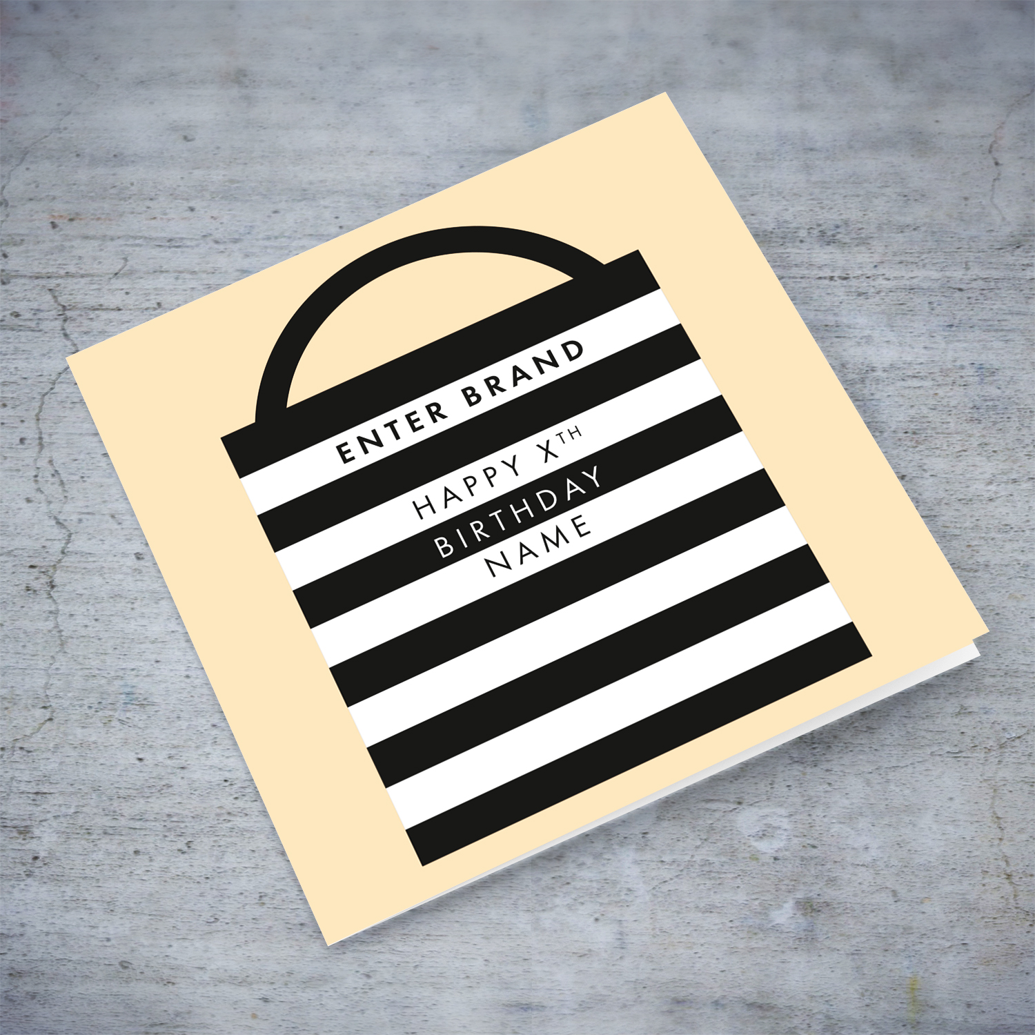 A minimalist make up themed birthday card, featuring a black and white striped bag with a light pastel coloured background in English (Enter Age & Personalisable)