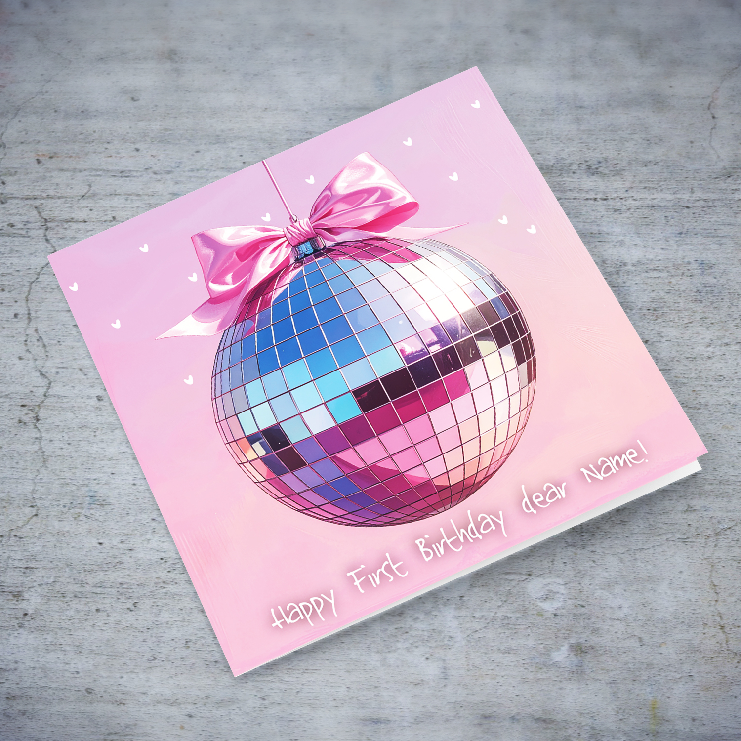 A cute disco ball themed birthday card, with a pink bow for First birthday in English (Personalisable)