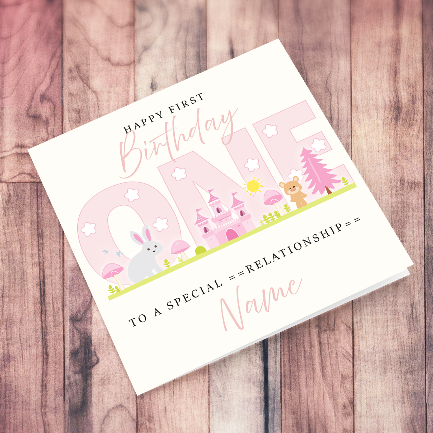A cute First Birthday card - featuring fairy themed forest & animals in English (Personalisable)