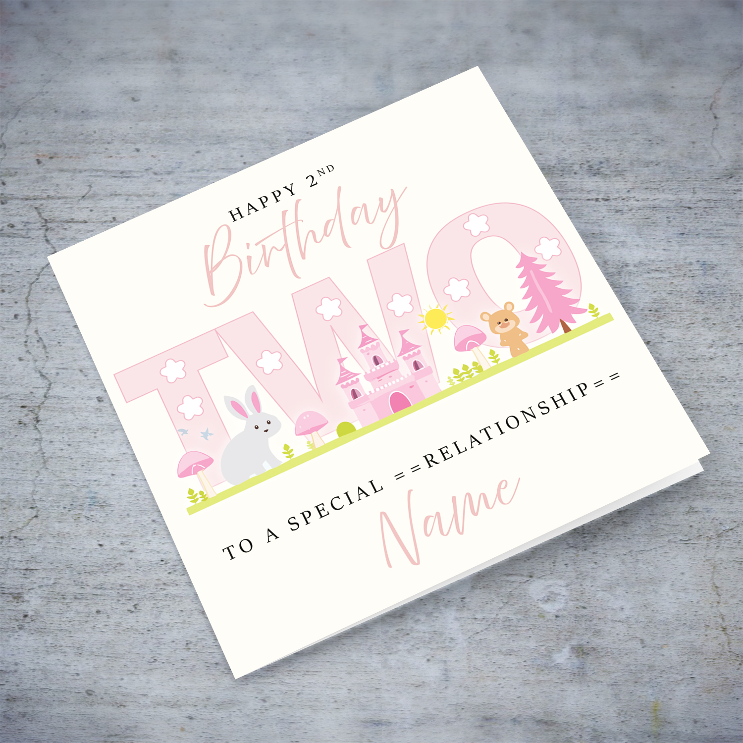 A cute 2 nd Birthday card - featuring fairy themed forest & animals in English (Personalisable)