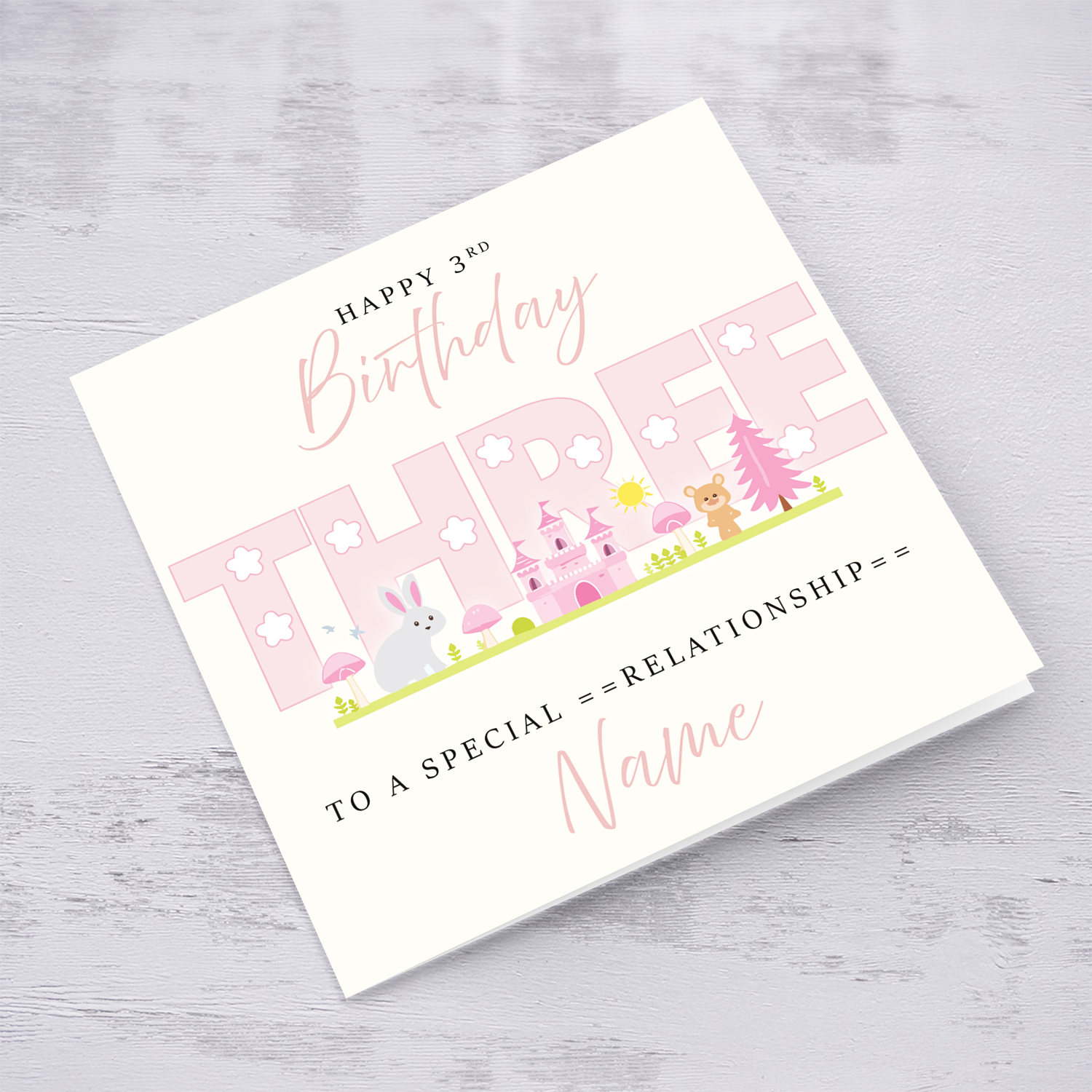 A cute 3 rd Birthday card - featuring fairy themed forest & animals in English (Personalisable)