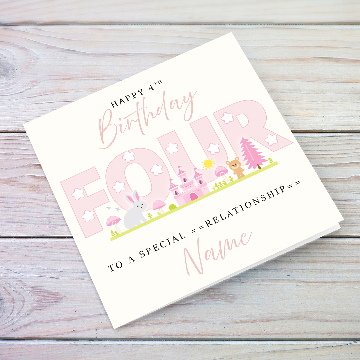 A cute 4 th Birthday card - featuring fairy themed forest & animals in English (Personalisable)