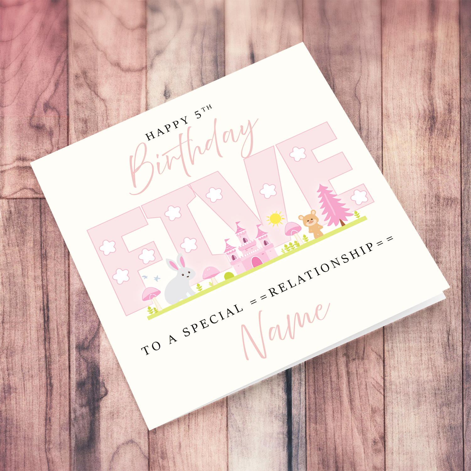 A cute 5 th Birthday card - featuring fairy themed forest & animals in English (Personalisable)