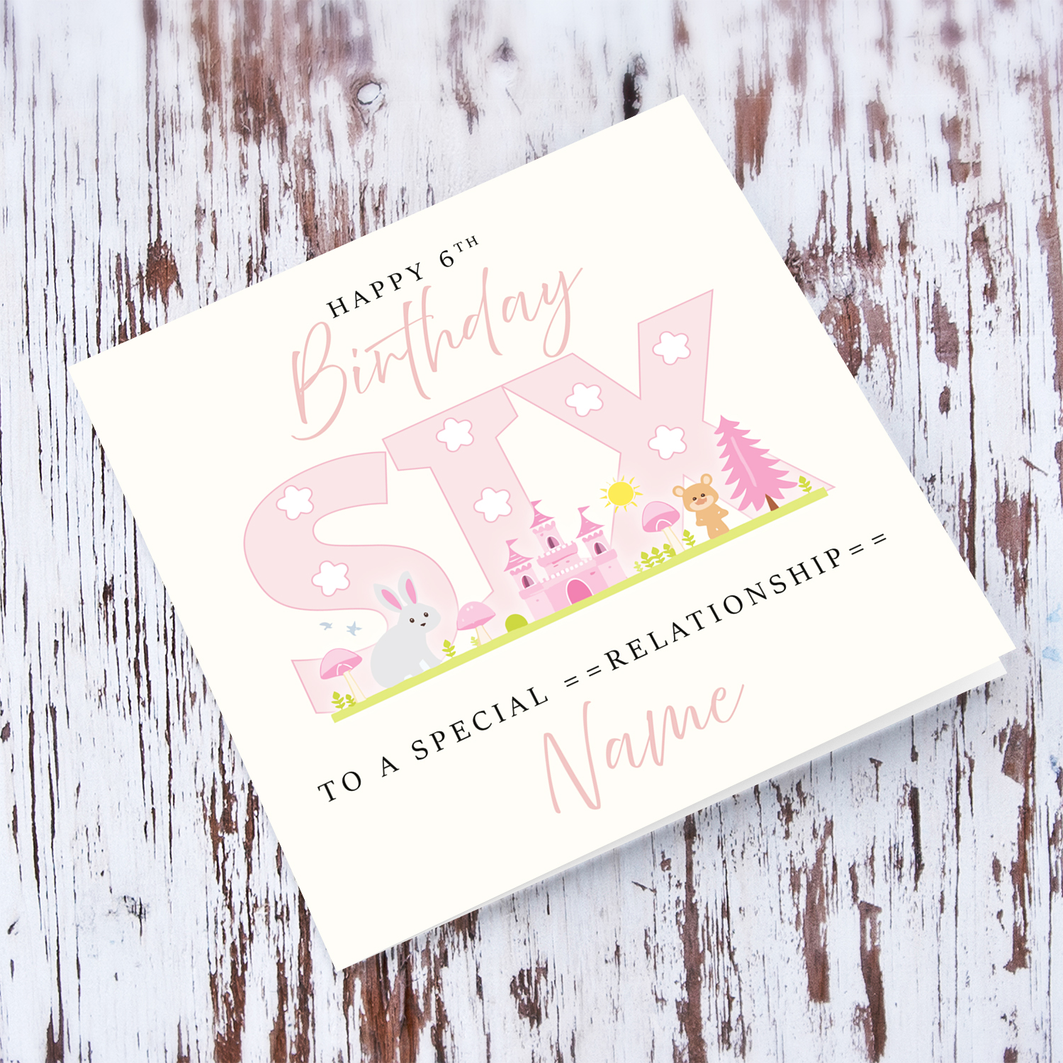 A cute 6 th Birthday card - featuring fairy themed forest & animals in English (Personalisable)