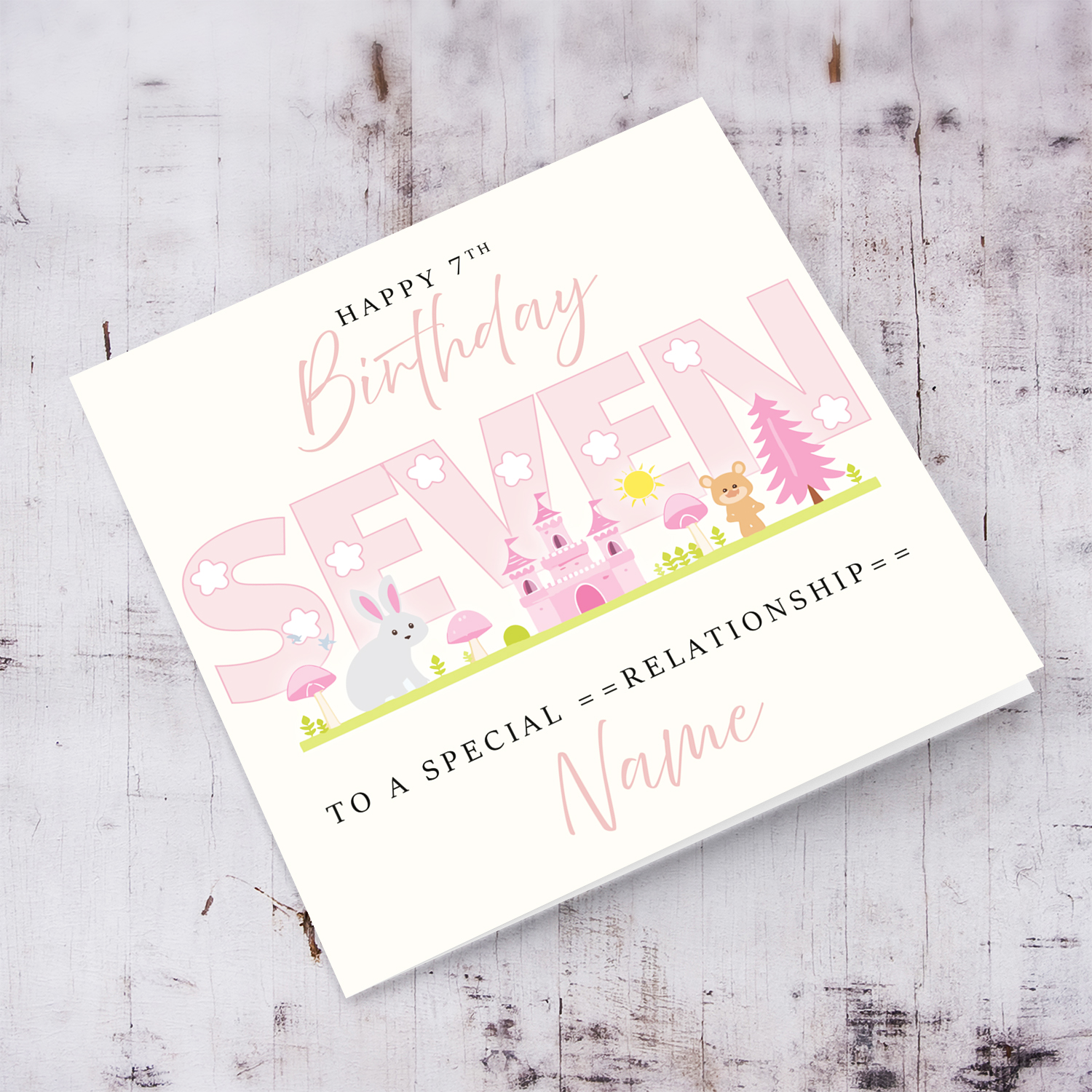 A cute 7 th Birthday card - featuring fairy themed forest & animals in English (Personalisable)
