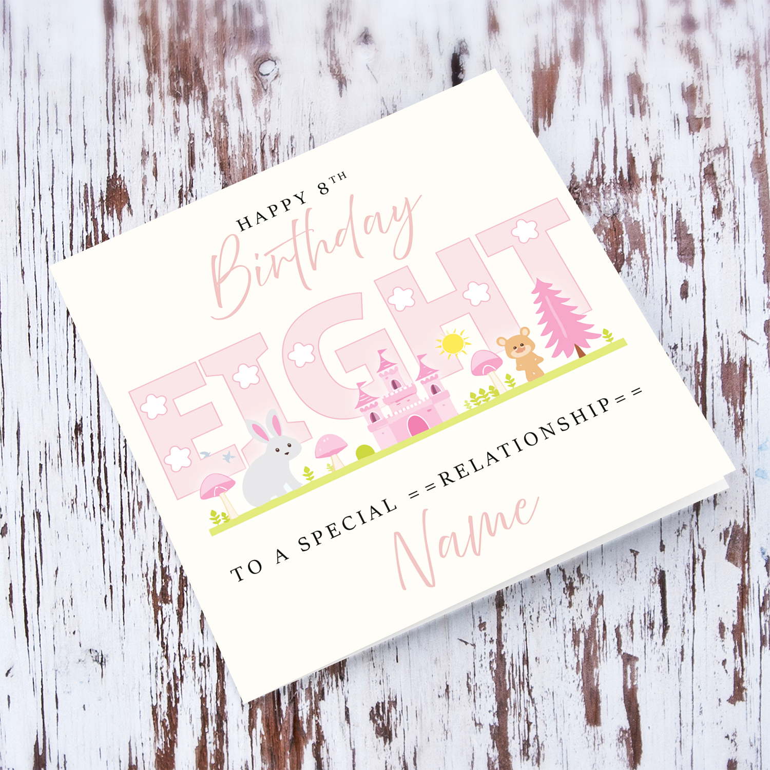 A cute 8 th Birthday card - featuring fairy themed forest & animals in English (Personalisable)