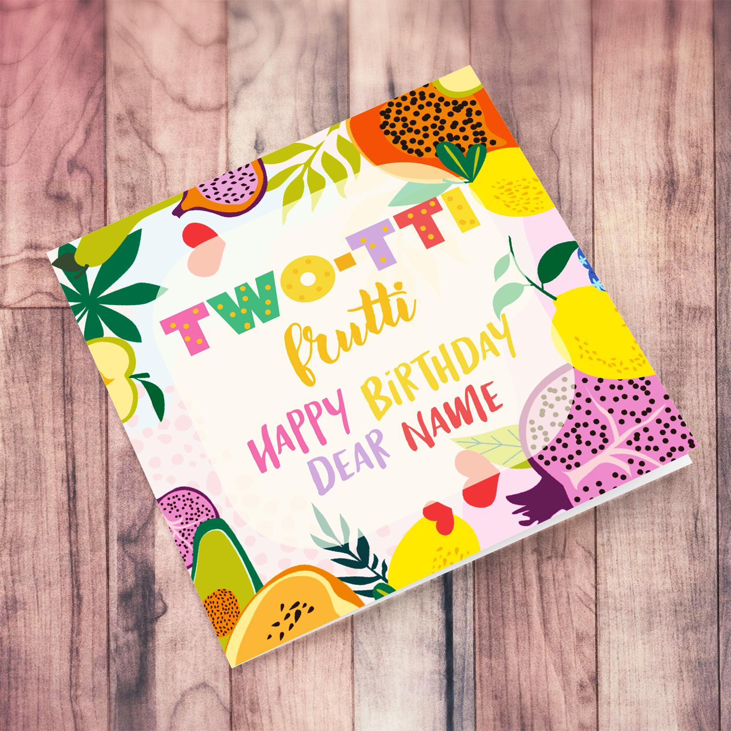 Colourful, fruity birthday card for a TWO year old girl in English (Personalisable)