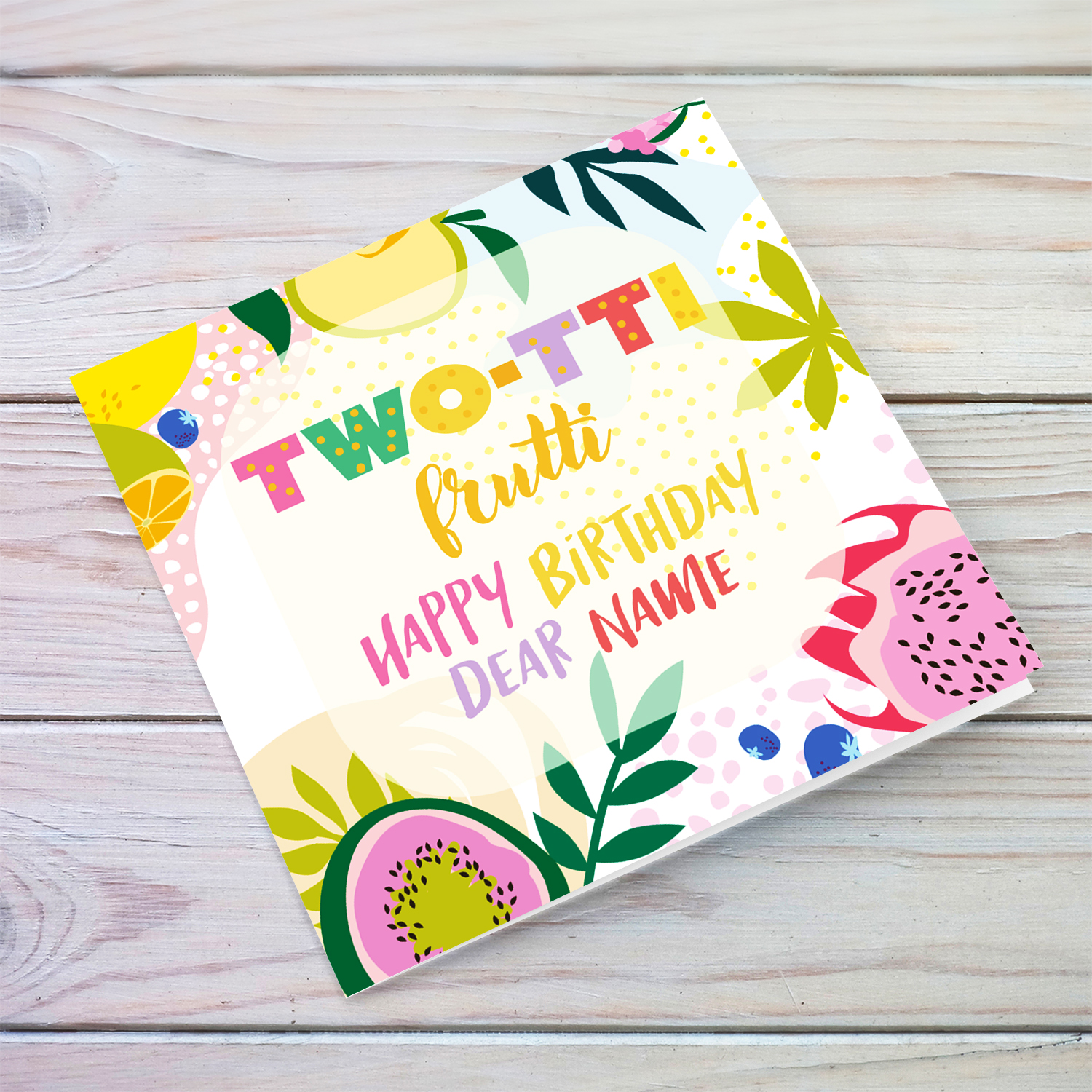 Colourful, fruity light colours birthday card for a TWO year old girl in English (Personalisable)