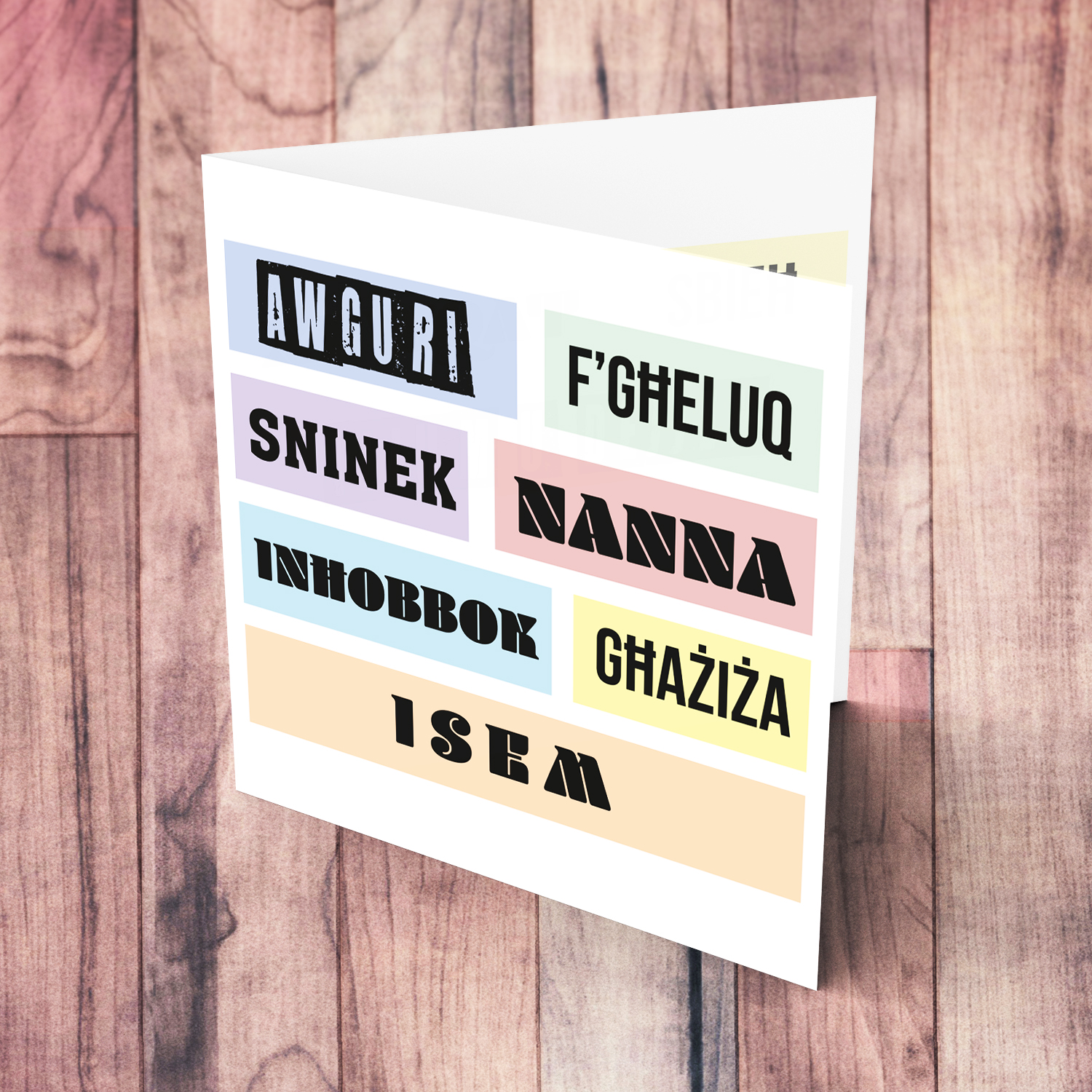 Colourful, modern pastel coloured birthday card for Nanna / Grandma in Maltese (Personalisable)