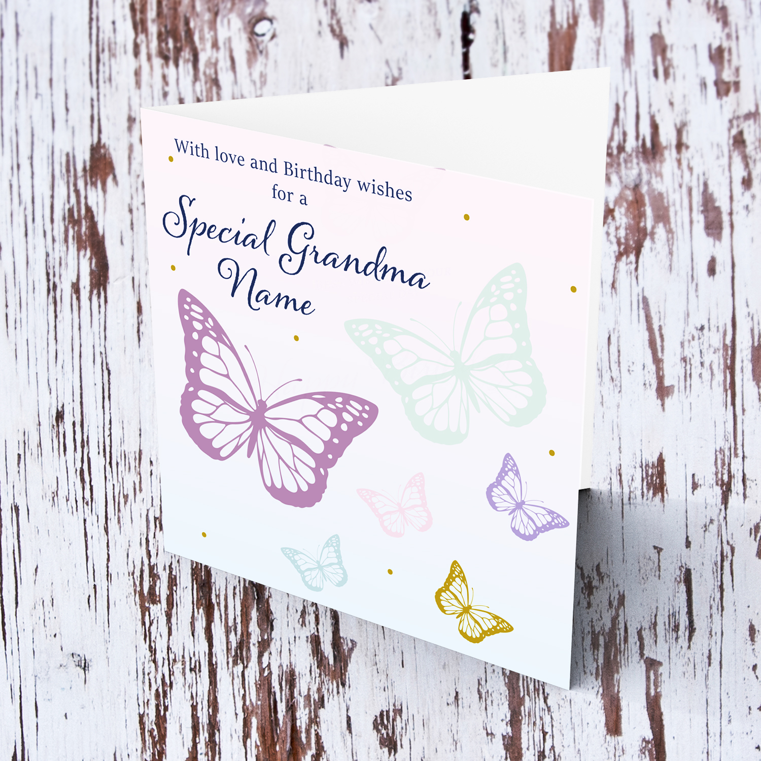 Butterfly themed birthday card for a special Grandma with a gradient background of pink and blue in English