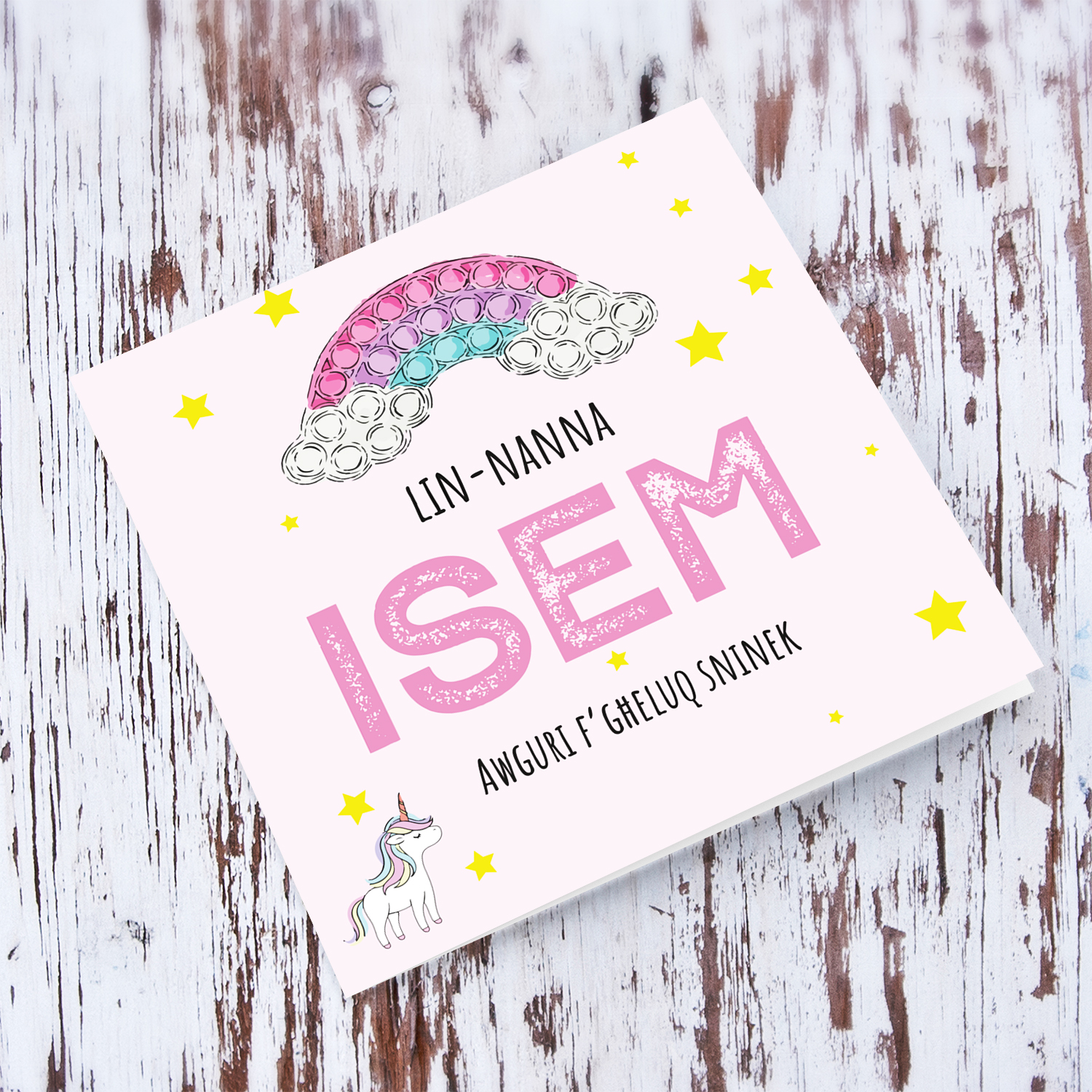 Cute rainbow and unicorn themed birthday card for grandma in Maltese (Personalisable)