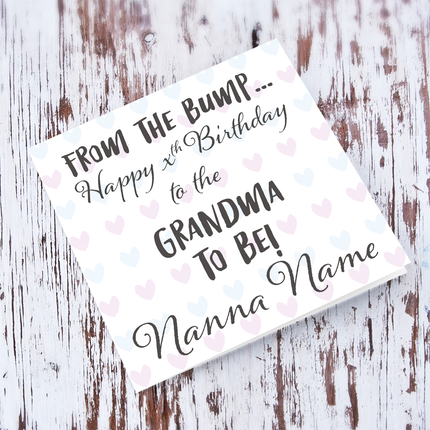 Birthday card for the Grandma to be in blue and pick heart background in English (Personalisable)