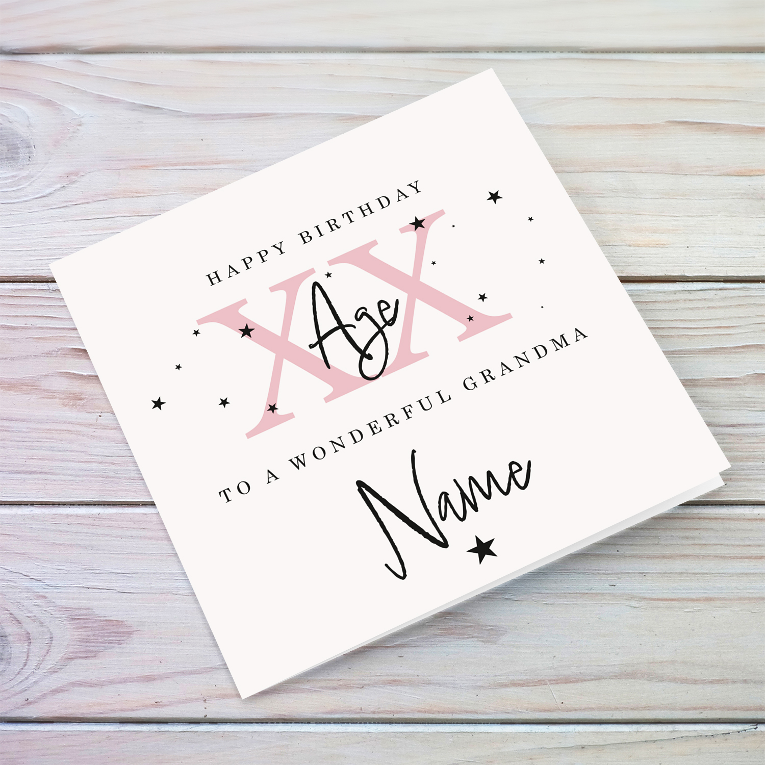 A beautiful birthday card for a wonderful grandma in a neutral background with scattered black stars,  and age in pink - with personalisable Name & Age in English