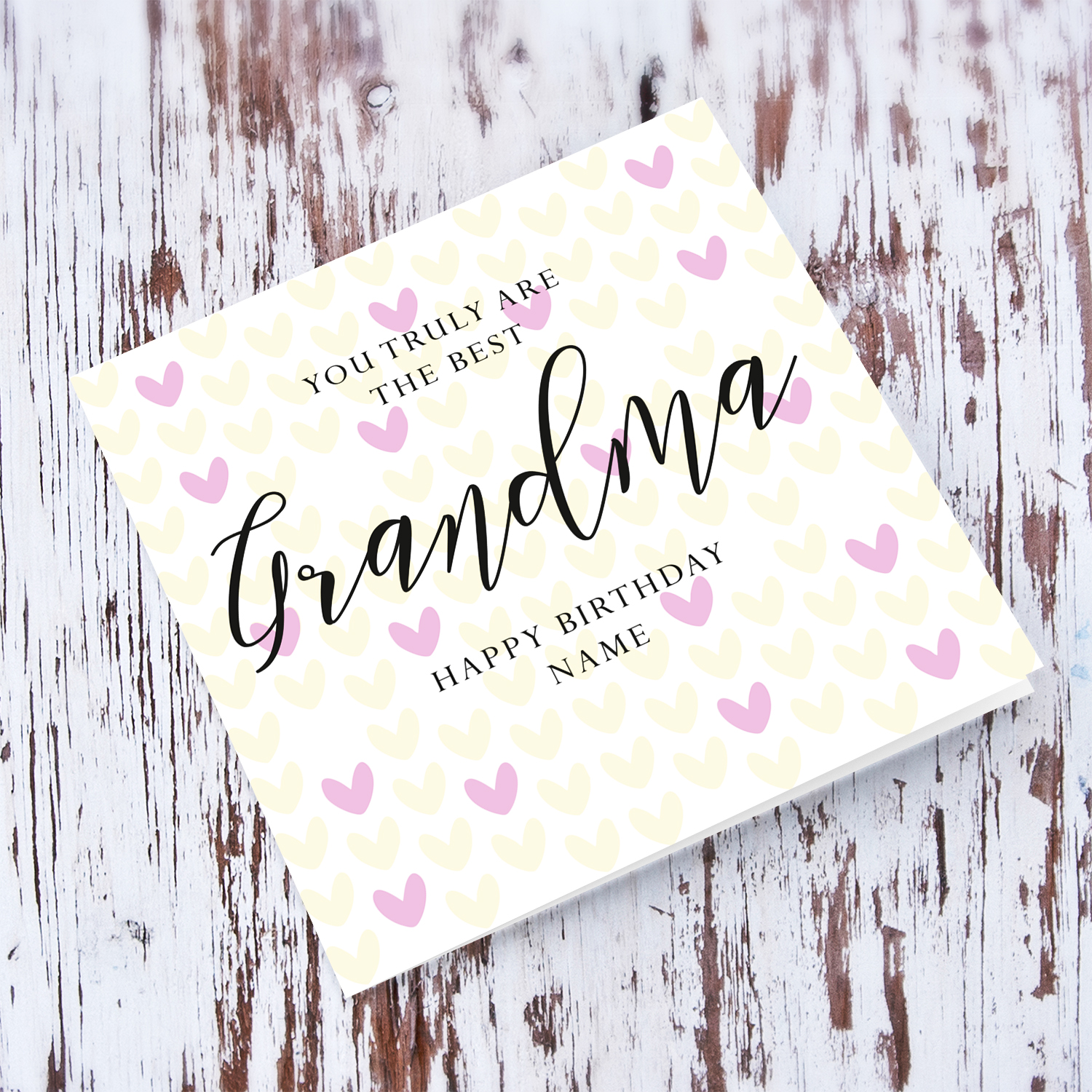 A cute birthday card for your Grandma, in two toned heart background pink & light yellow in English (Personalisable)