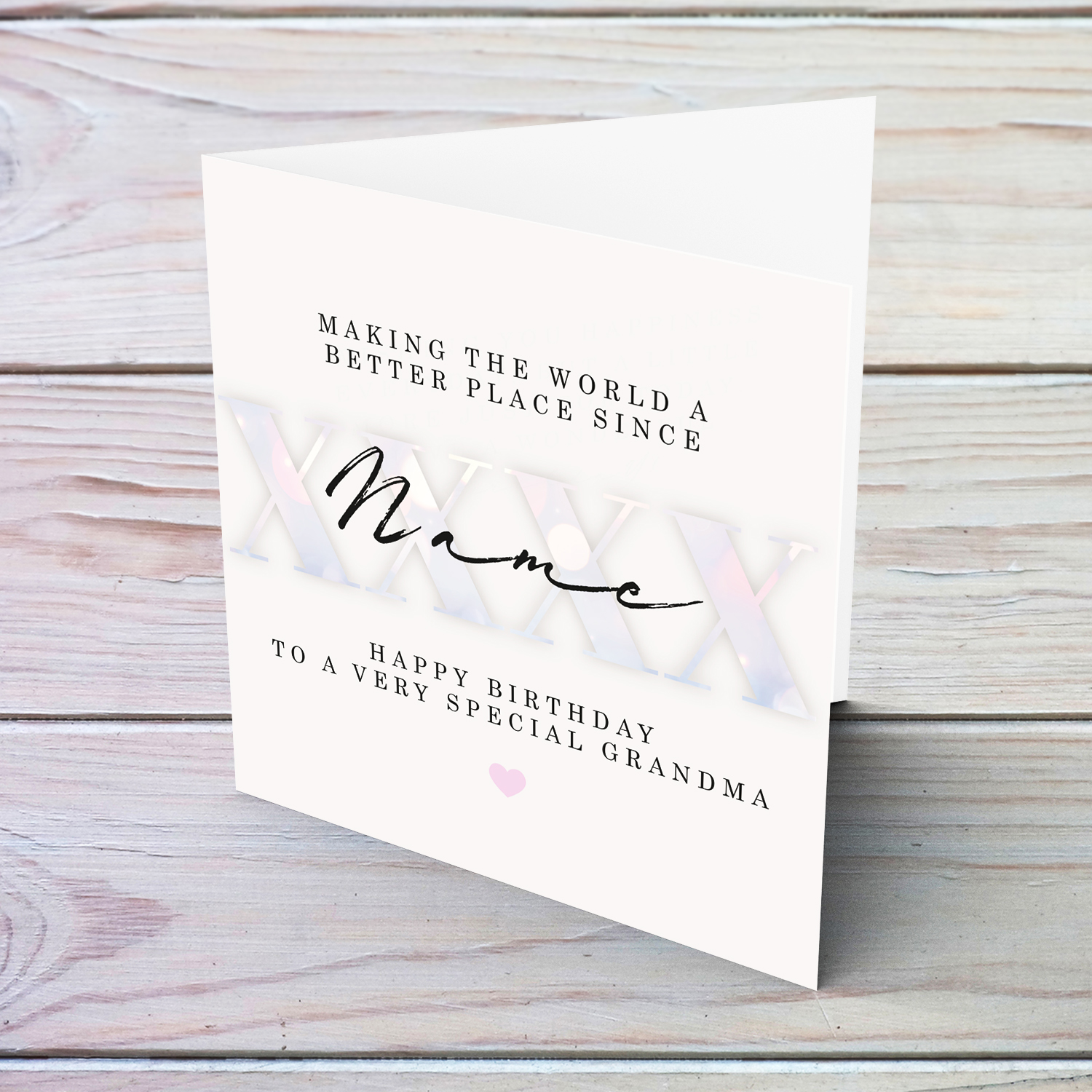 Light coloured birthday card for Grandma, with personalisable year of birth and name, in light pink colours - Making the world a better place in English