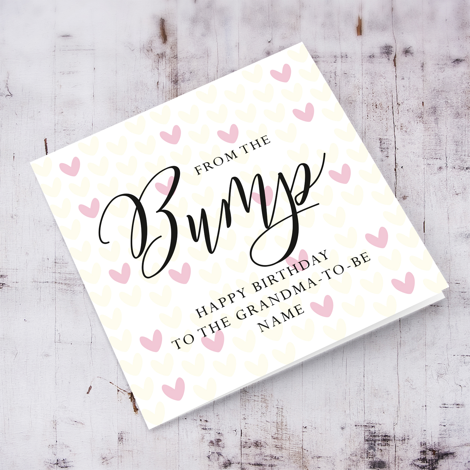 A cute birthday day card for grandma to be from the bump, in a two toned heart themed background in English (Personalisable)