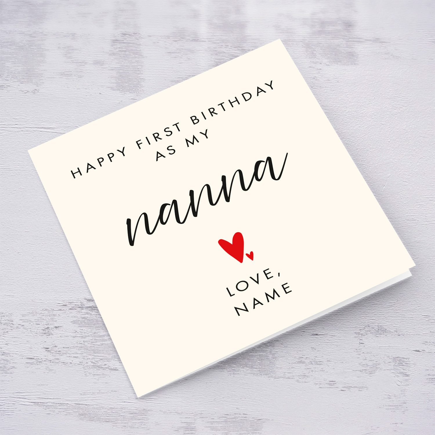 Minimalist birthday card - Happy first birthday as my nanna (Grandma) with two red hearts in English