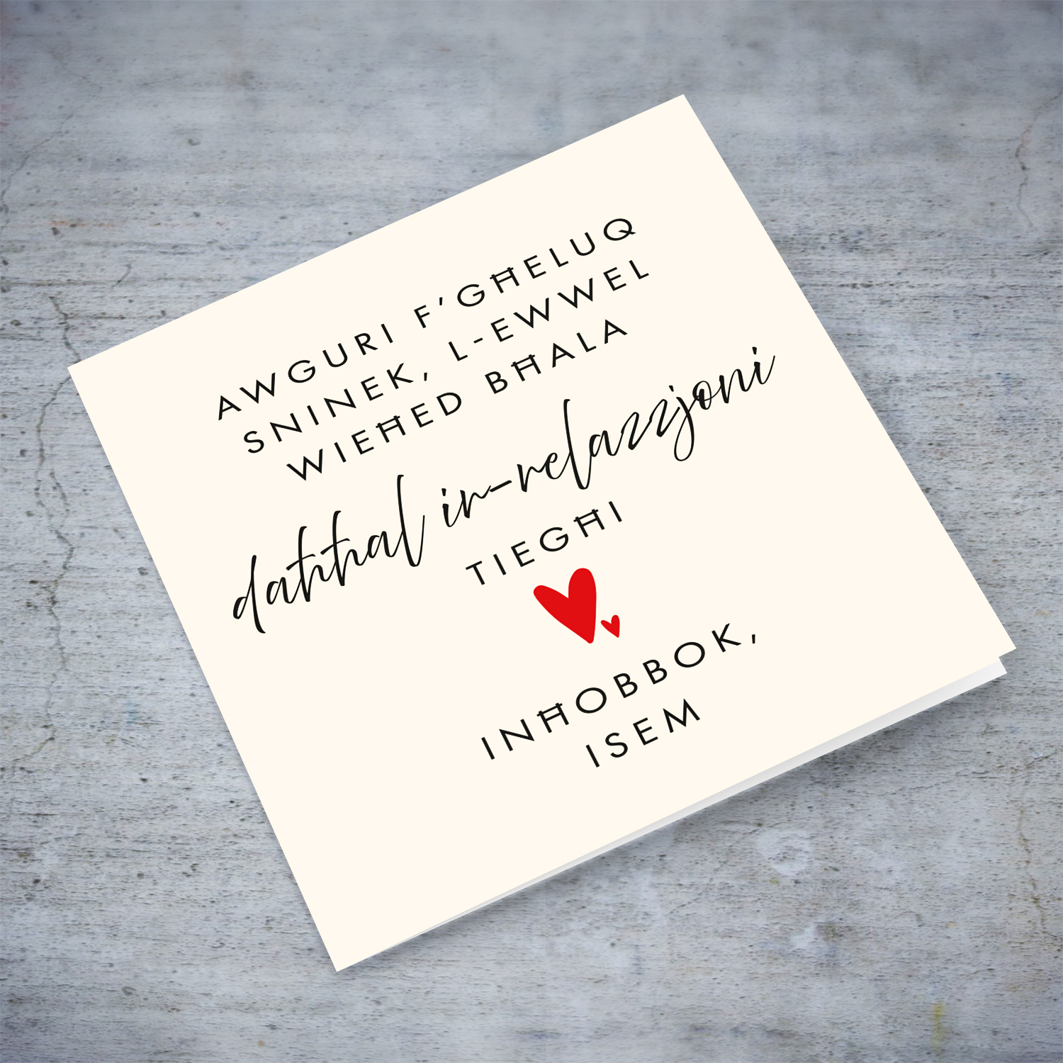 Minimalist birthday card - Happy first birthday as my - ENTER ROLE - with two red hearts in Maltese