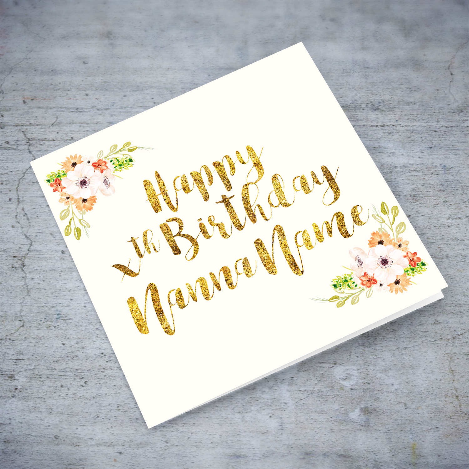 Golden glitter birthday card for Nanna featuring beautiful florals and personalisable age in English (Personalisable)