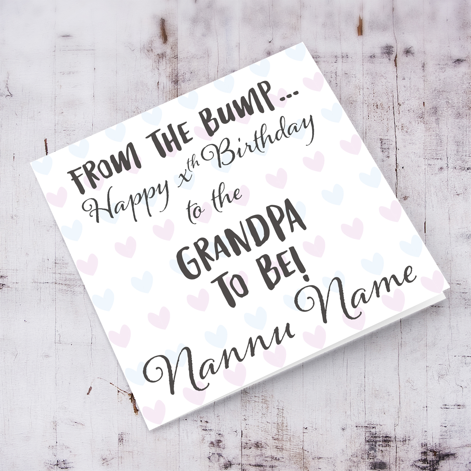 Birthday card for the Grandpa to be in blue and pick heart background in English (Personalisable)