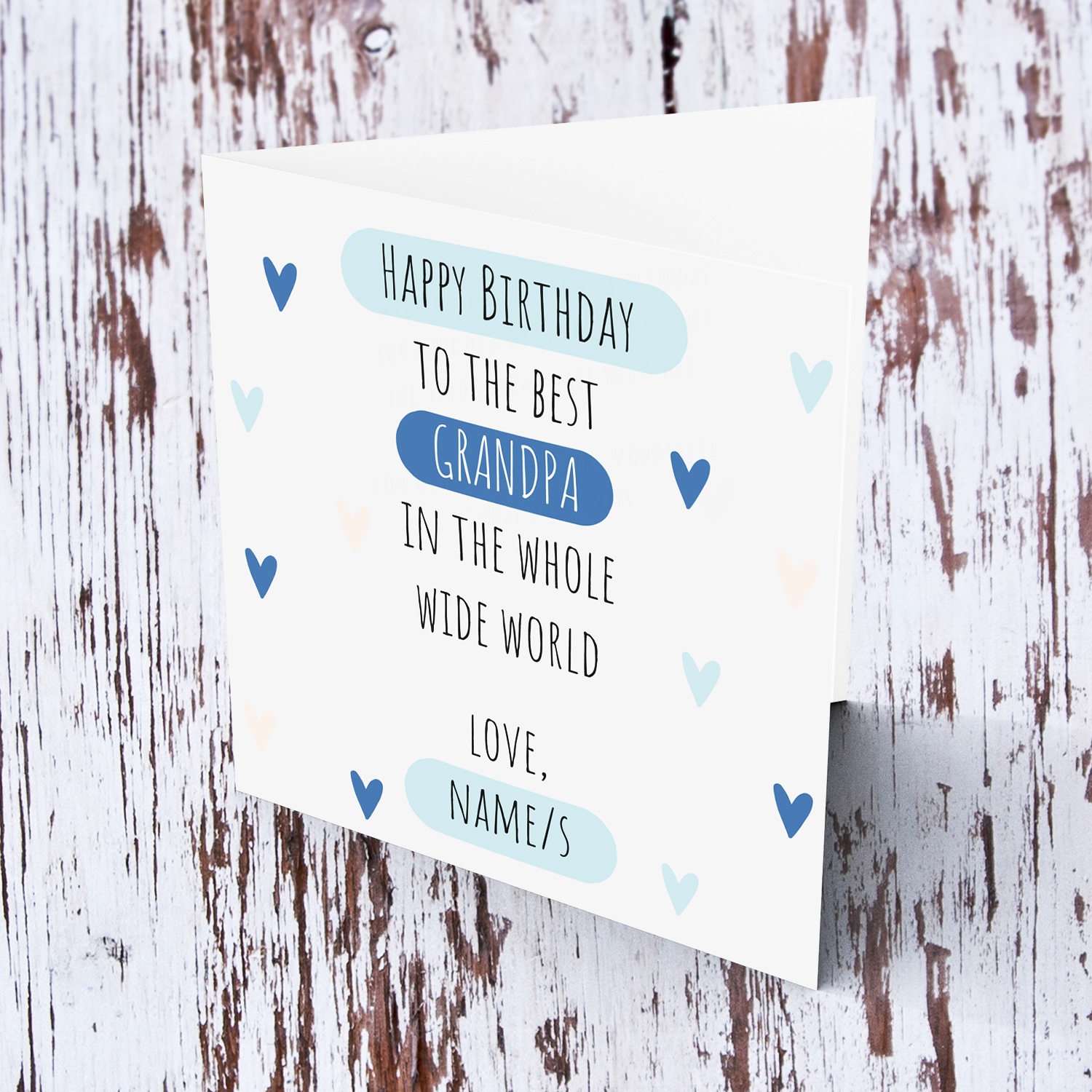 Happy Birthday to the best grandpa in the whole wide world - birthday card in light gray background and scattered hearts in English (Personalisable)
