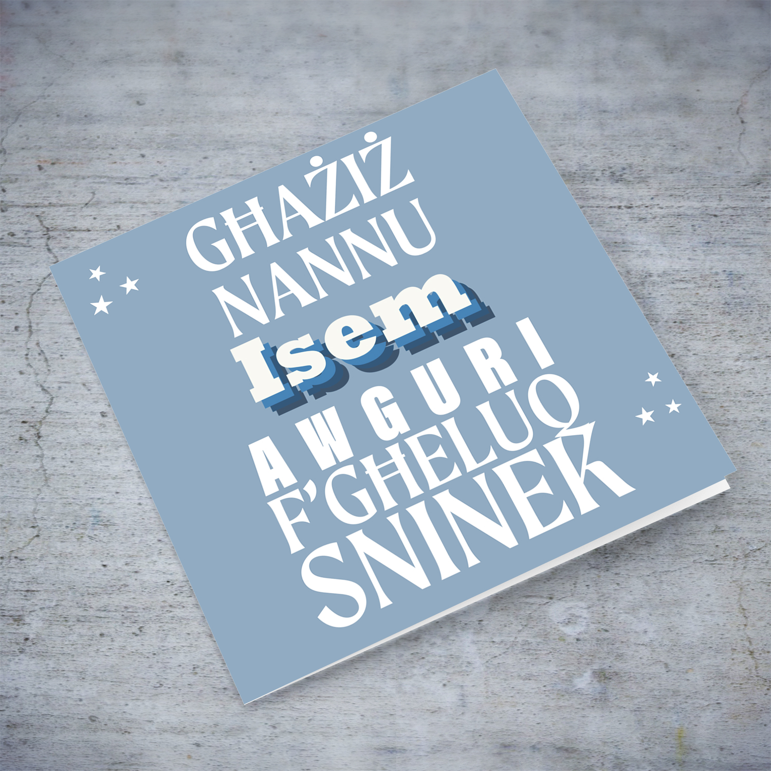 A light blue/gray background with scattered white hearts birthday card for grandpa in Maltese (Personalisable)