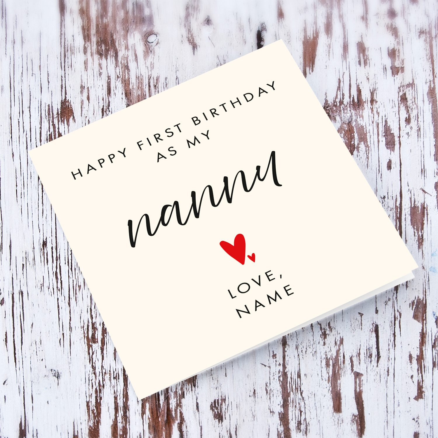 Minimalist birthday card - Happy first birthday as my nannu with two red hearts in English