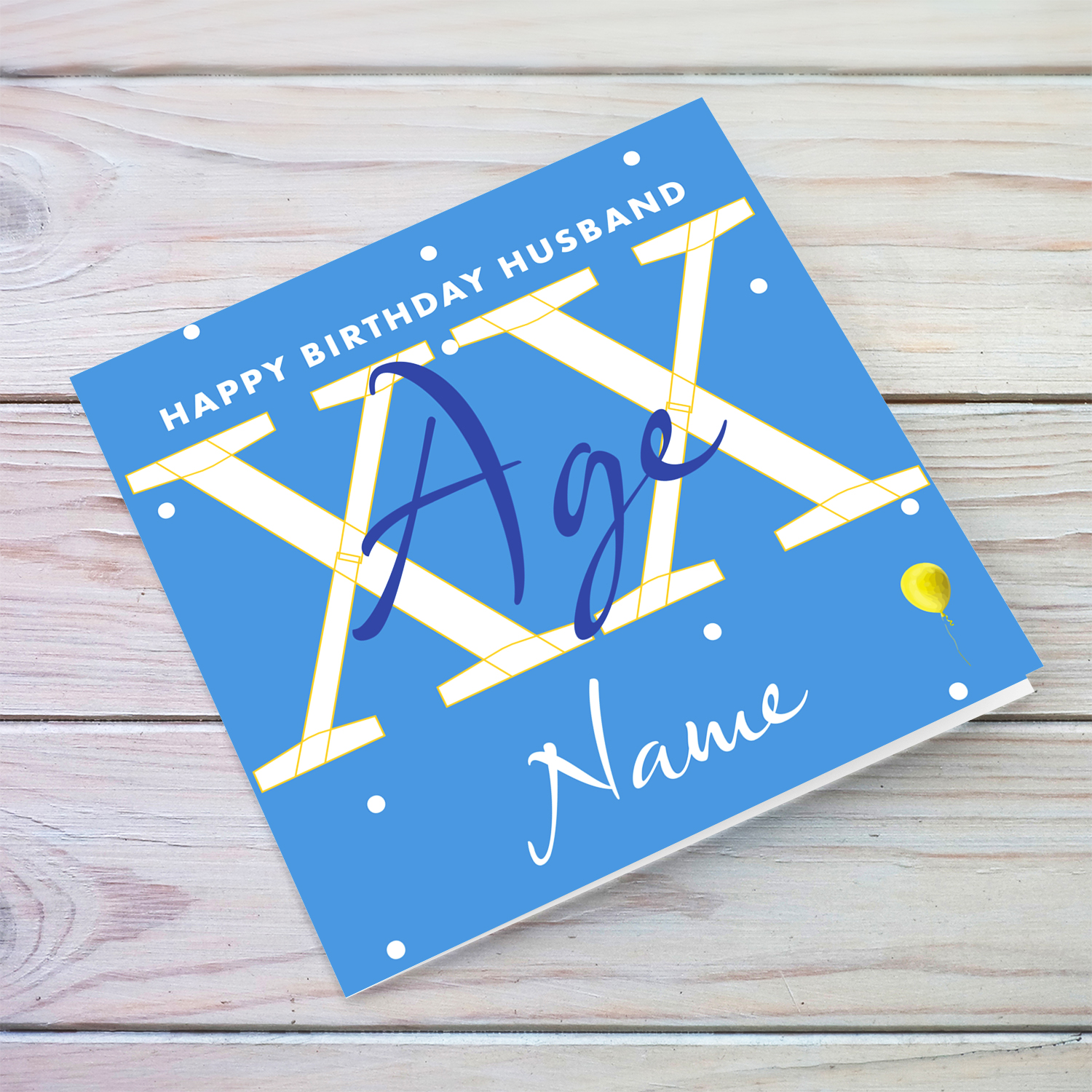 A blue background birthday card in white spots, for Husband in white text in English (Personalisable)