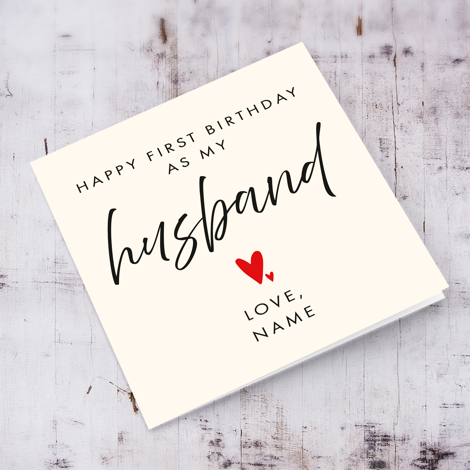 Minimalist birthday card - Happy first birthday as my husband with two red hearts in English