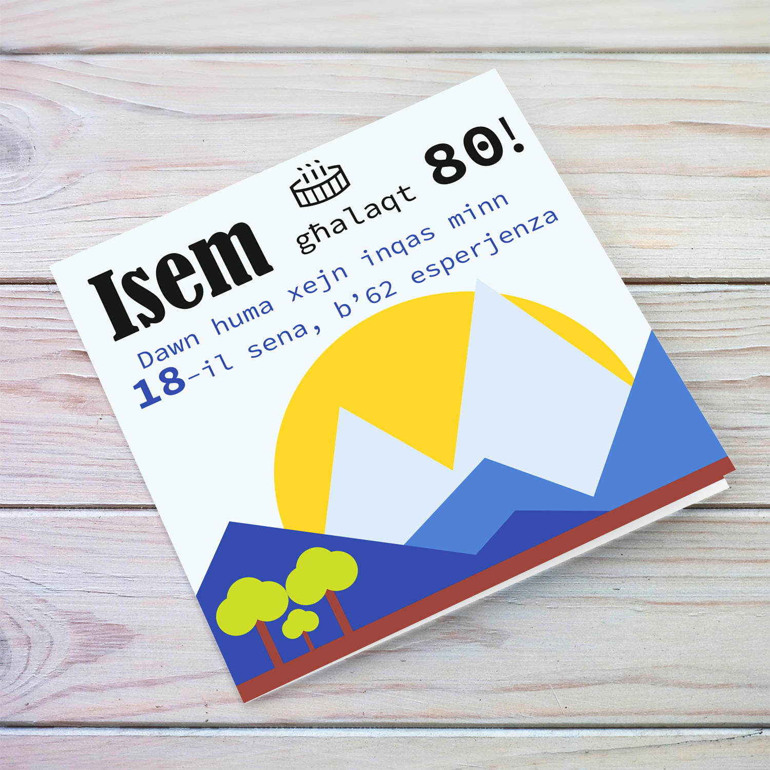 Mountain landscape themed funny personalisable 80th Birthday card in Maltese