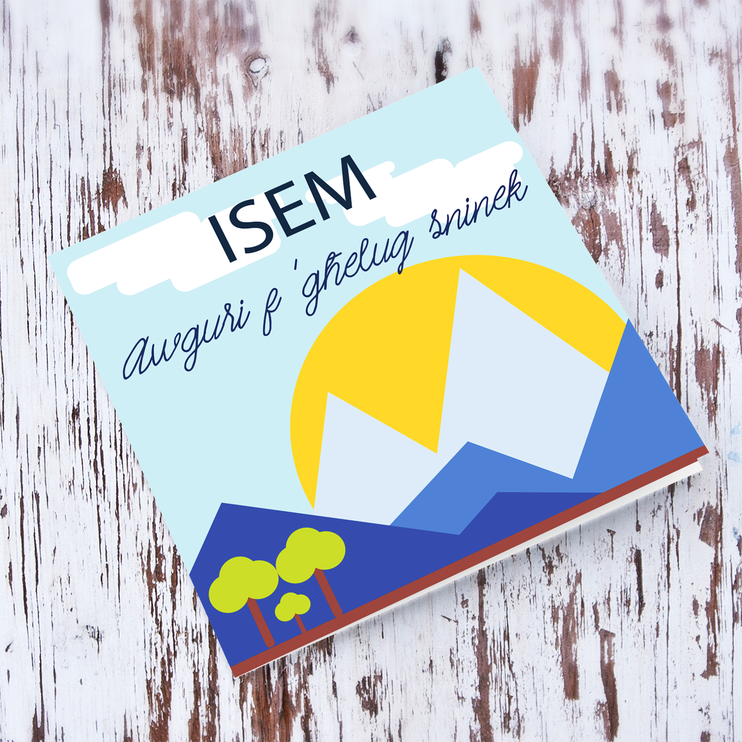 Mountain themed personalisable greeting card with sun setting/rising in Maltese