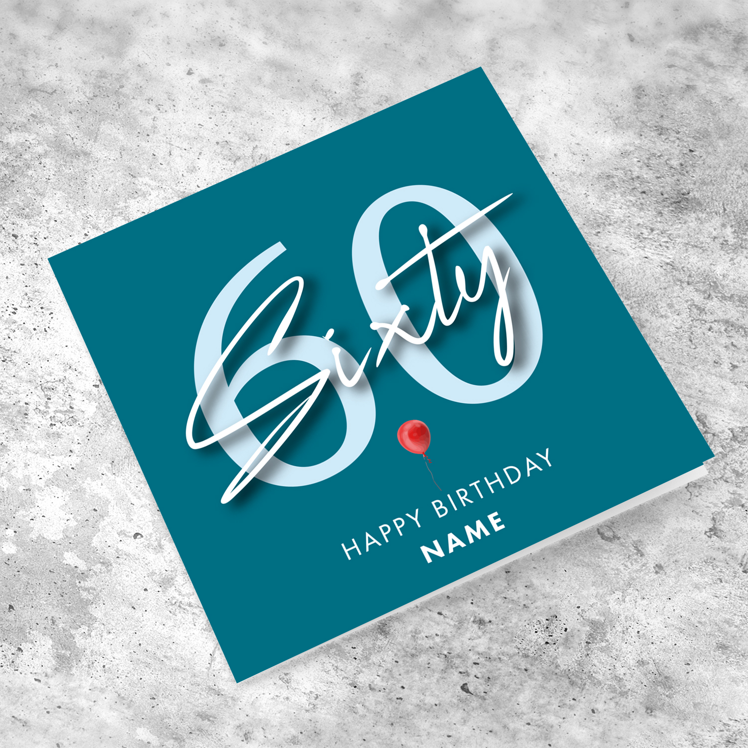 Dark blue background 60th Birthday personalisable card in English with red balloon 