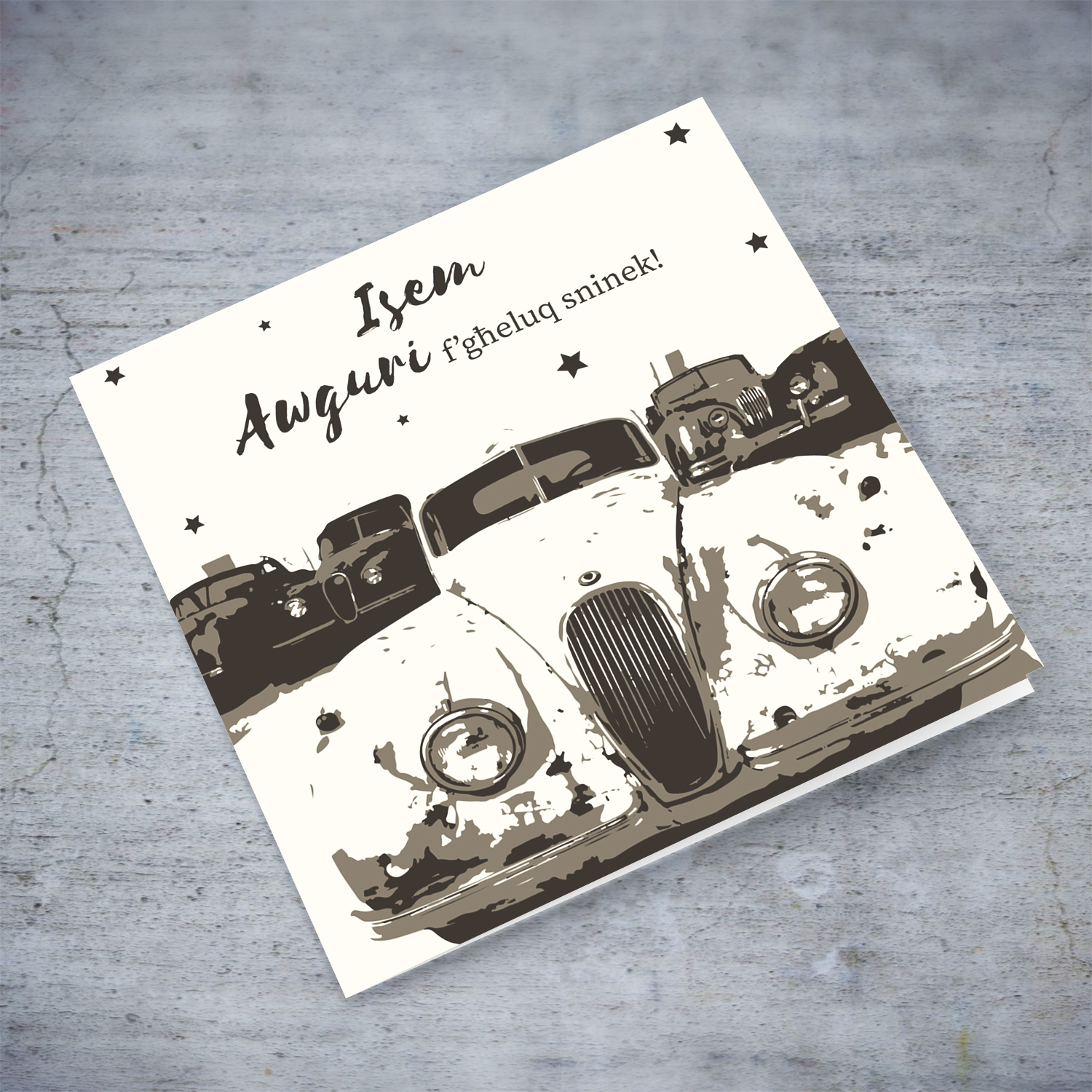 Monochrome old classic / vintage car themed personalisable birthday card in Maltese