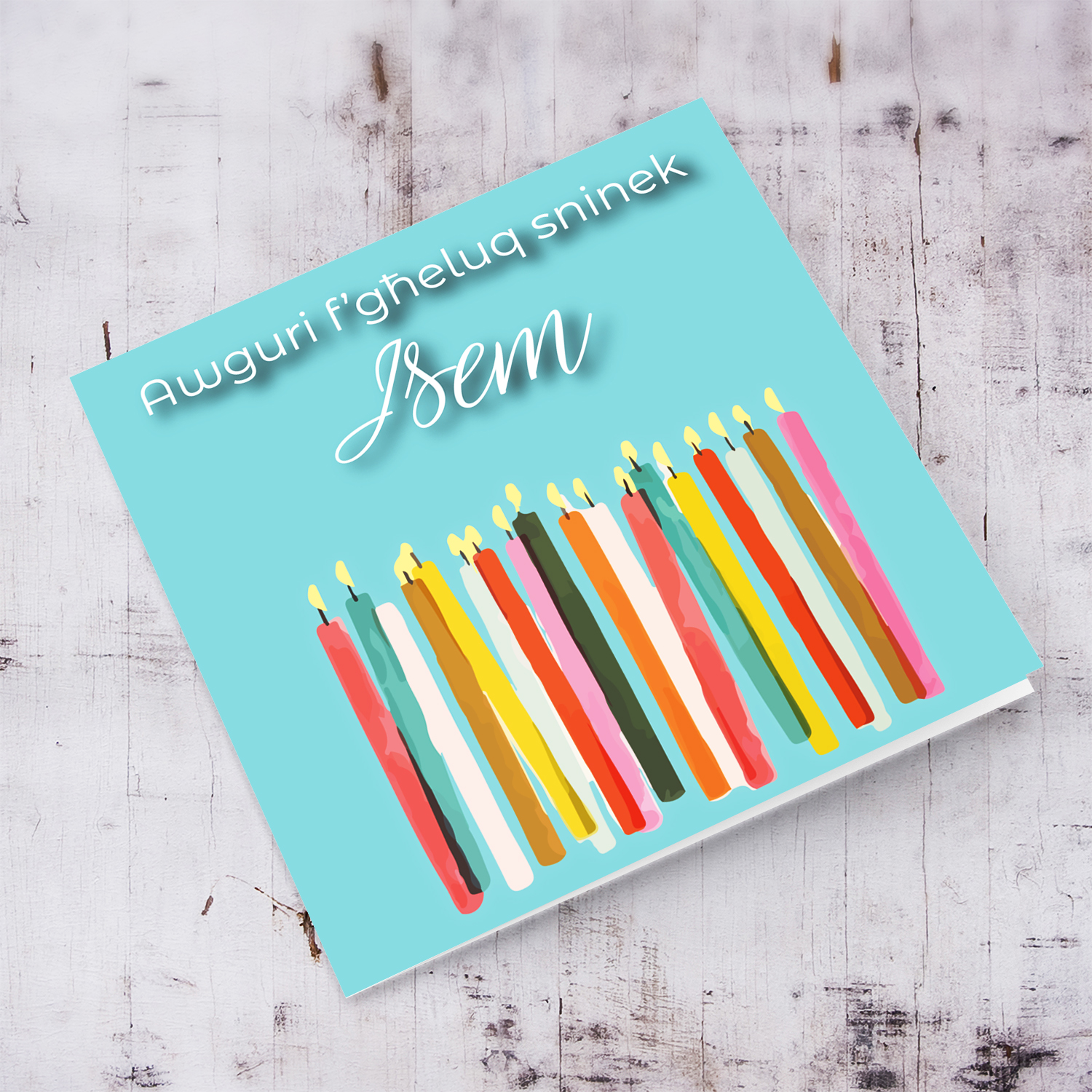 Candle themed birthday card in light blue / turquoise background in Maltese (Personalisable)