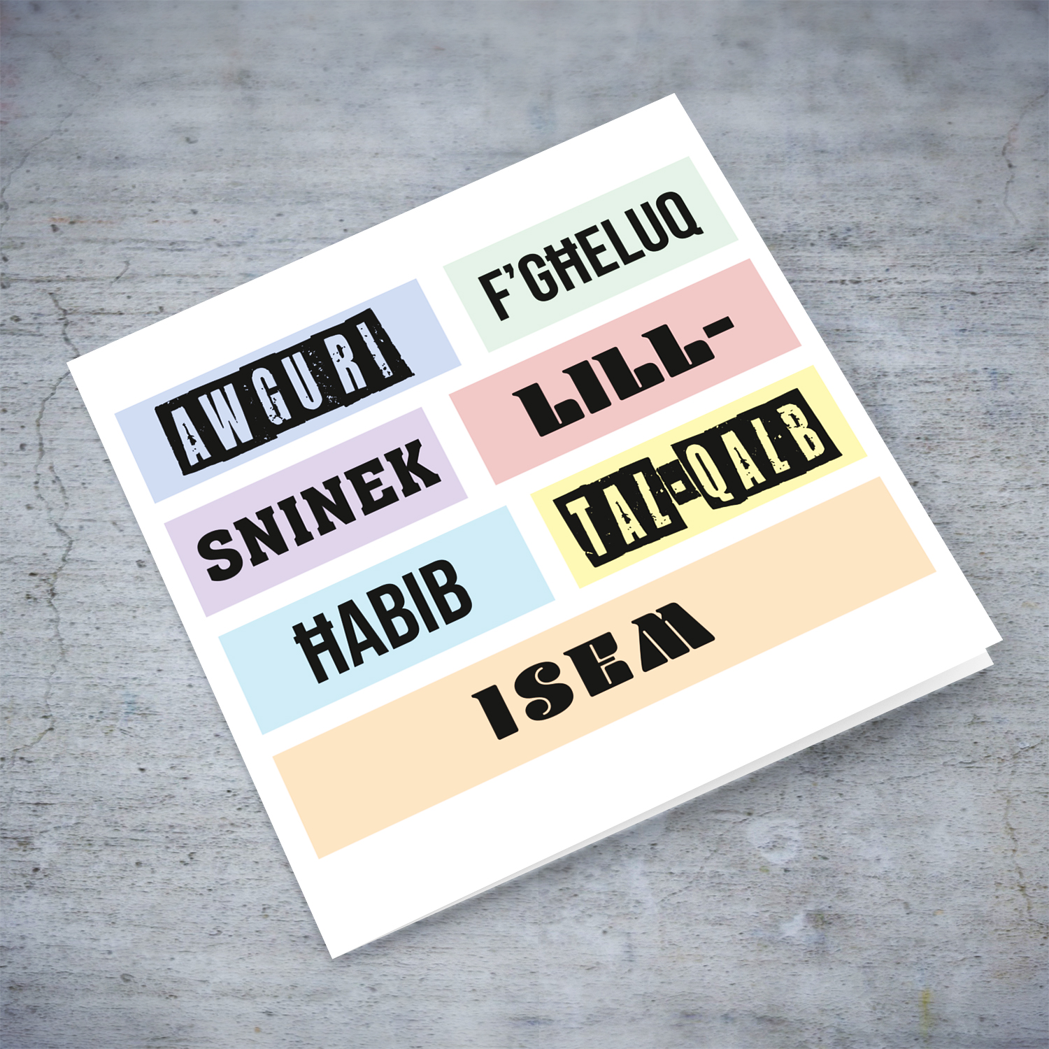 Colourful, modern pastel coloured birthday card for friend in Maltese ( Male & Personalisable)