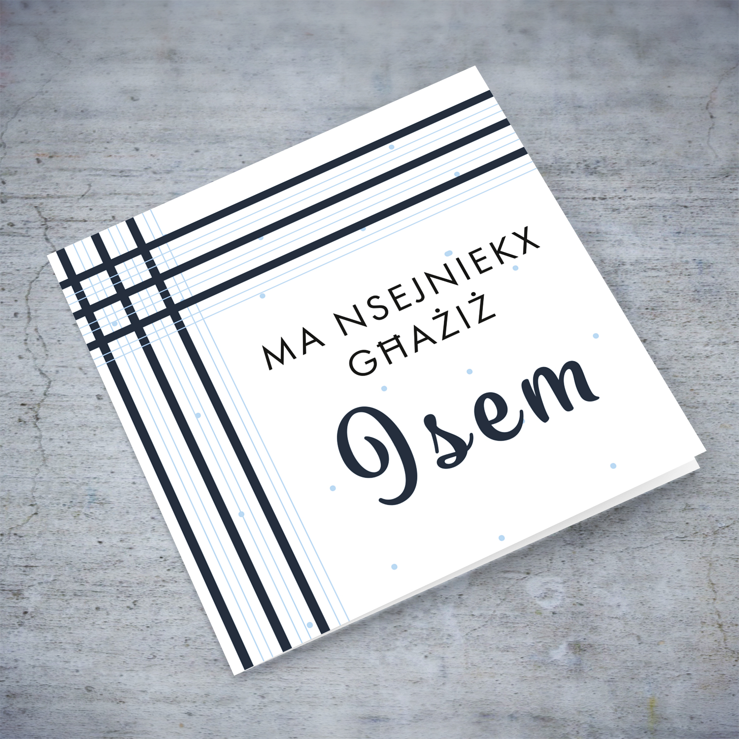 Belated birthday card in dark blue design and light blue lines in Maltese (Personalisable)