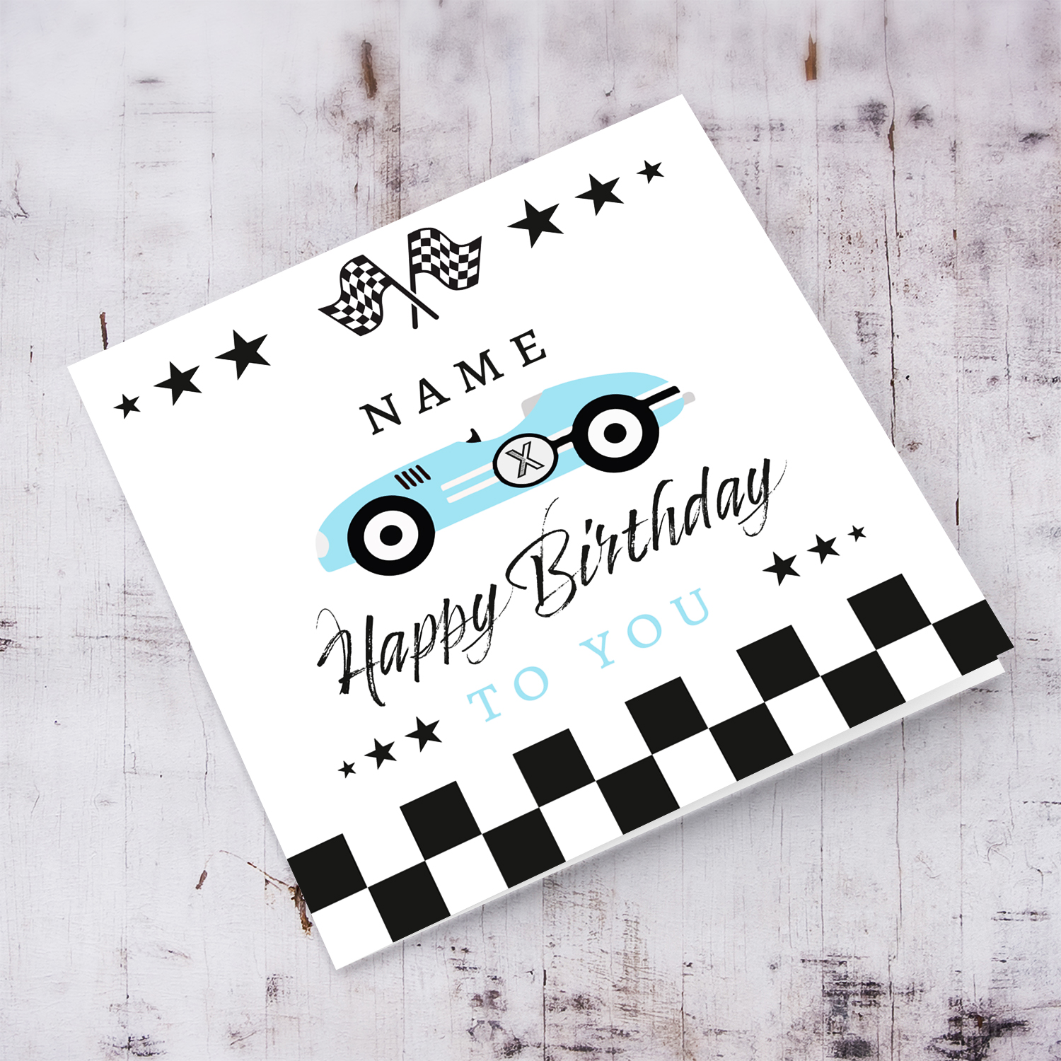 Blue Race car themed birthday card in English with chequered flags (Personalisable)