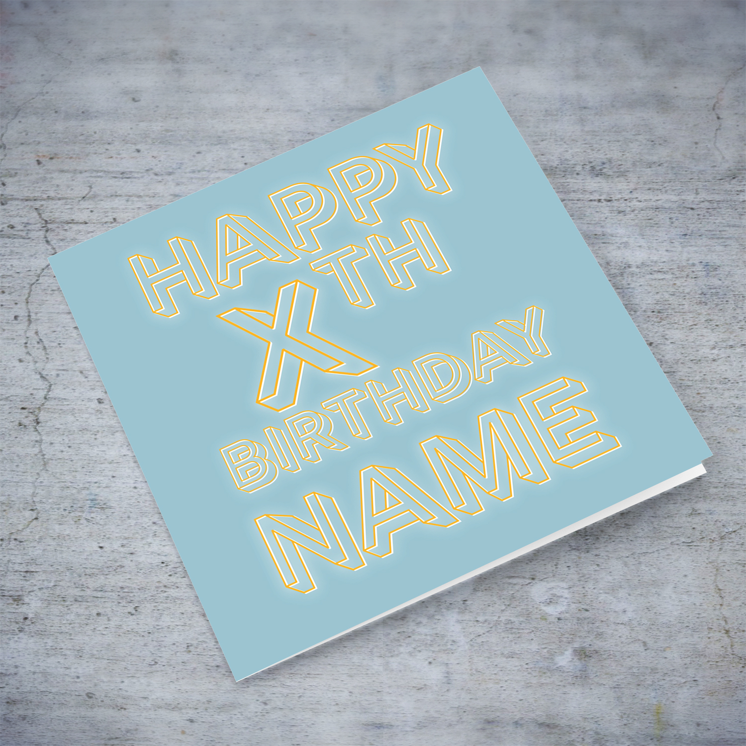 Personalised birthday card with blue/grayish background and orange text with a white glow in English