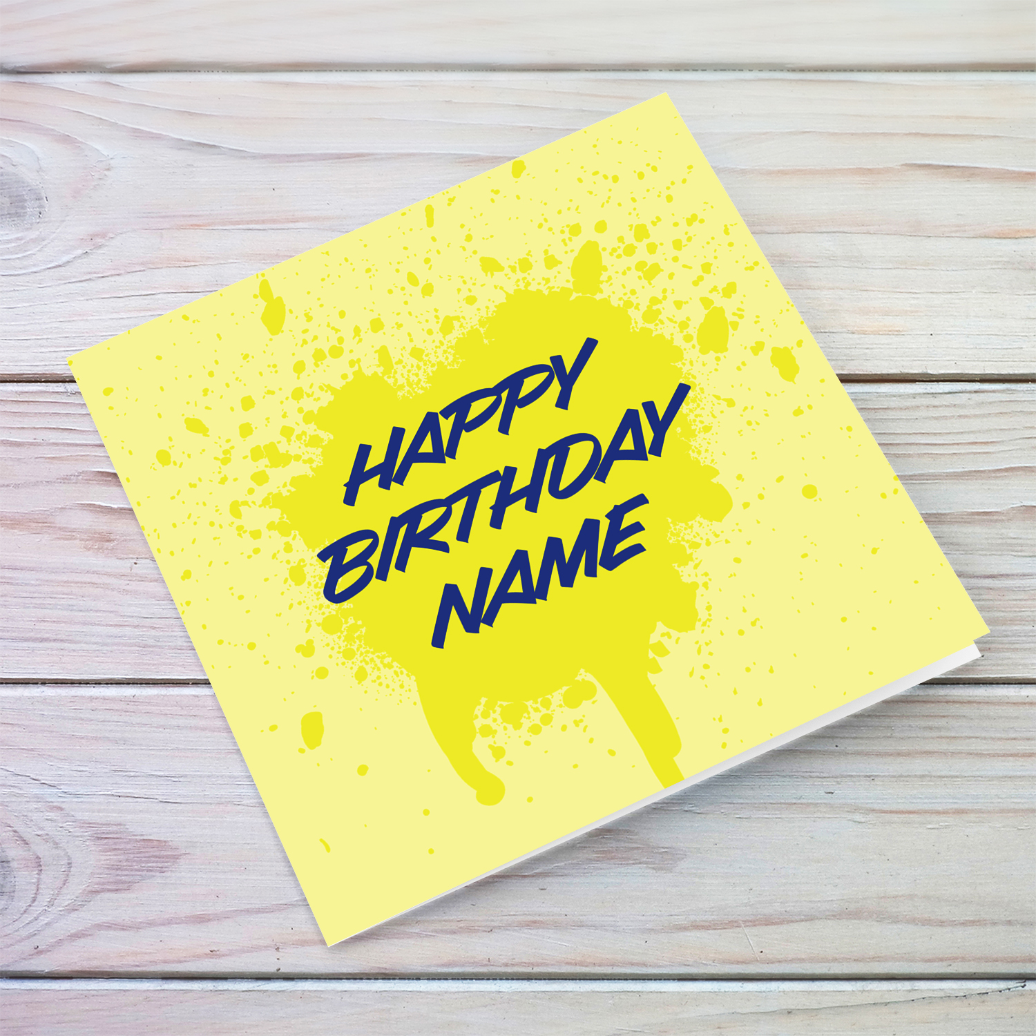 Yellow splattered paint background with blue text birthday card in English (Personalisable)