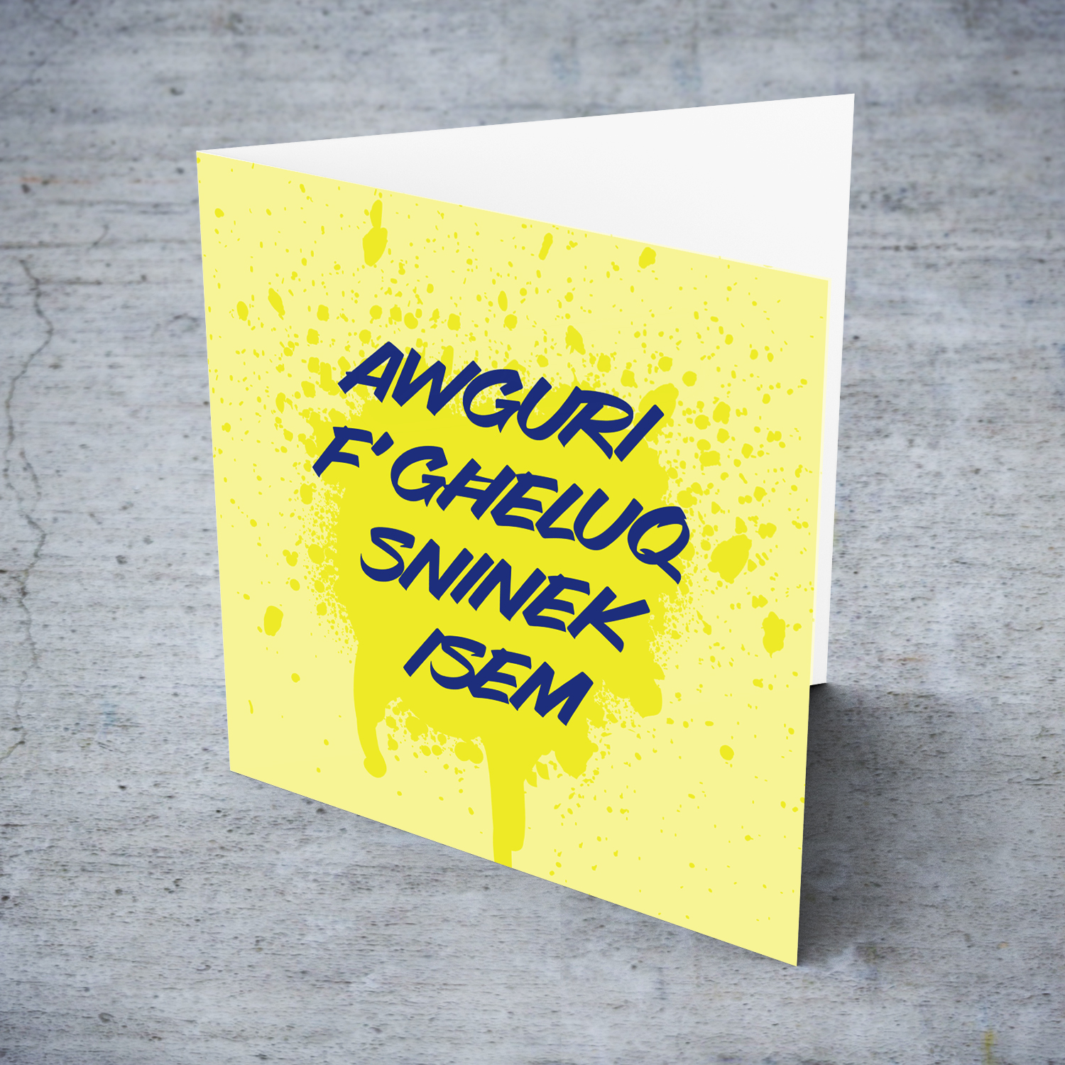 Yellow splattered paint background with blue text birthday card in Maltese (Personalisable)