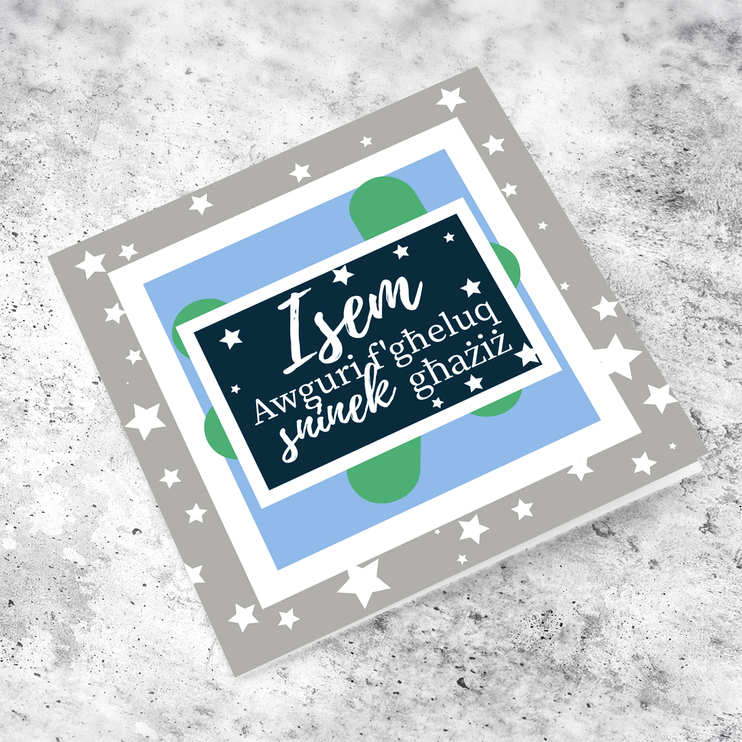 Birthday card for males with scattered stars in gray, light blue, green and dark blue in Maltese (Personalisable)