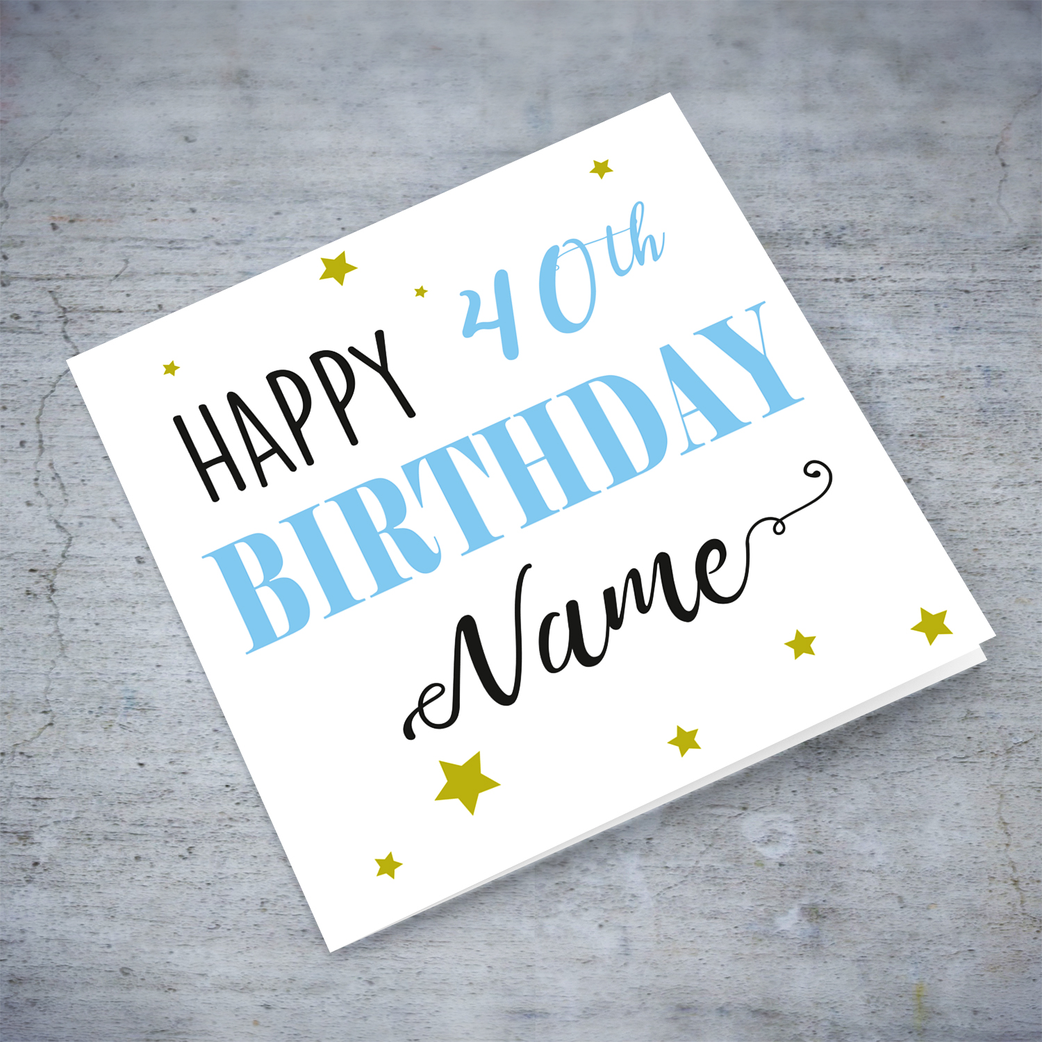 40th Birthday card in blue and black text with scattered gold hearts in English