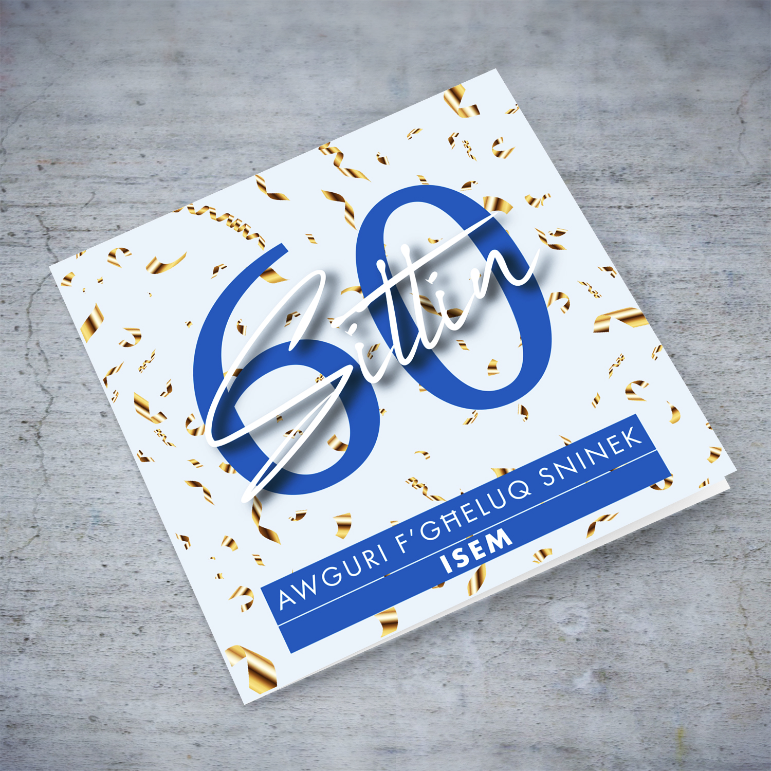 60th birthday card in light blue background, golden confetti in Maltese