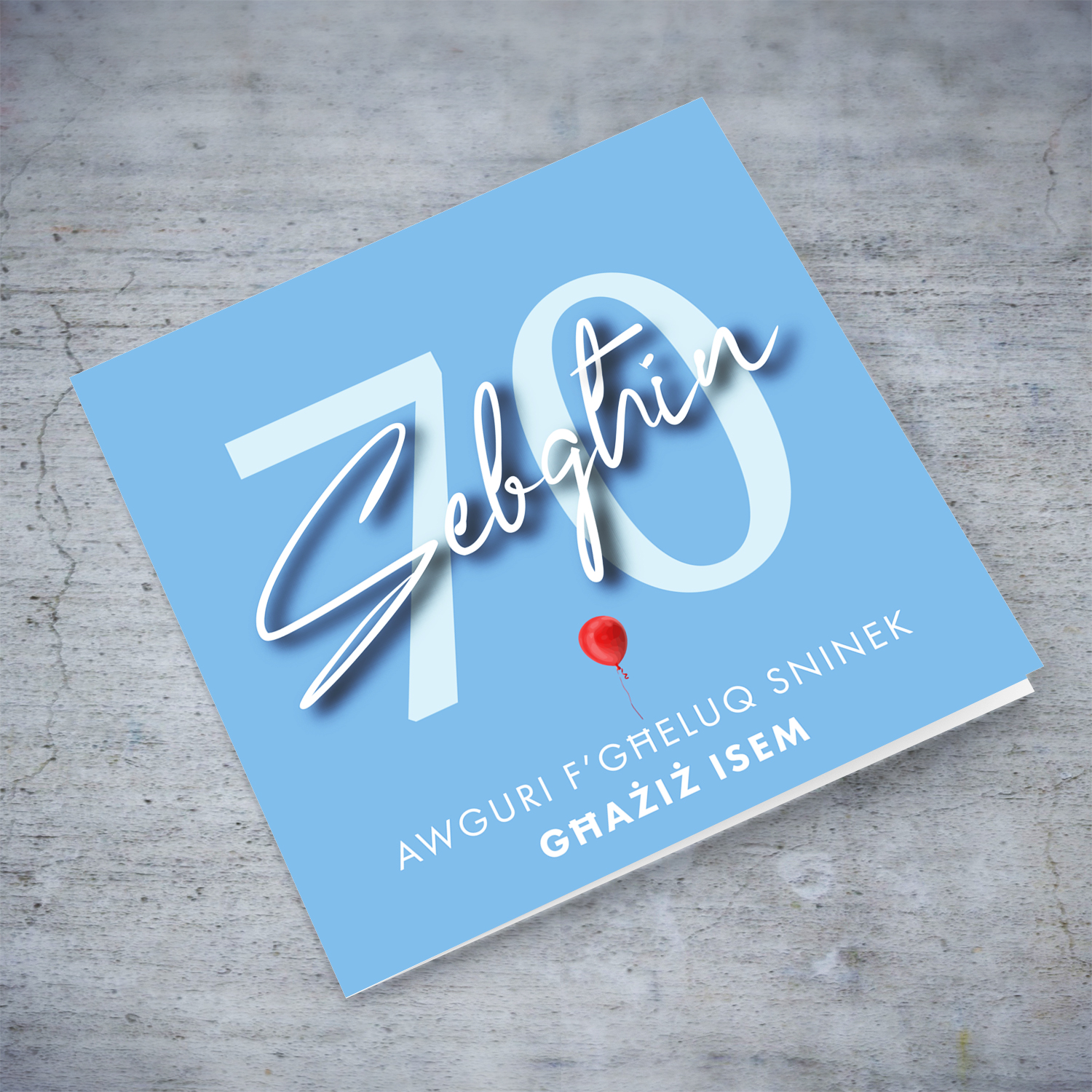70th birthday card in light blue background and red balloon in Maltese