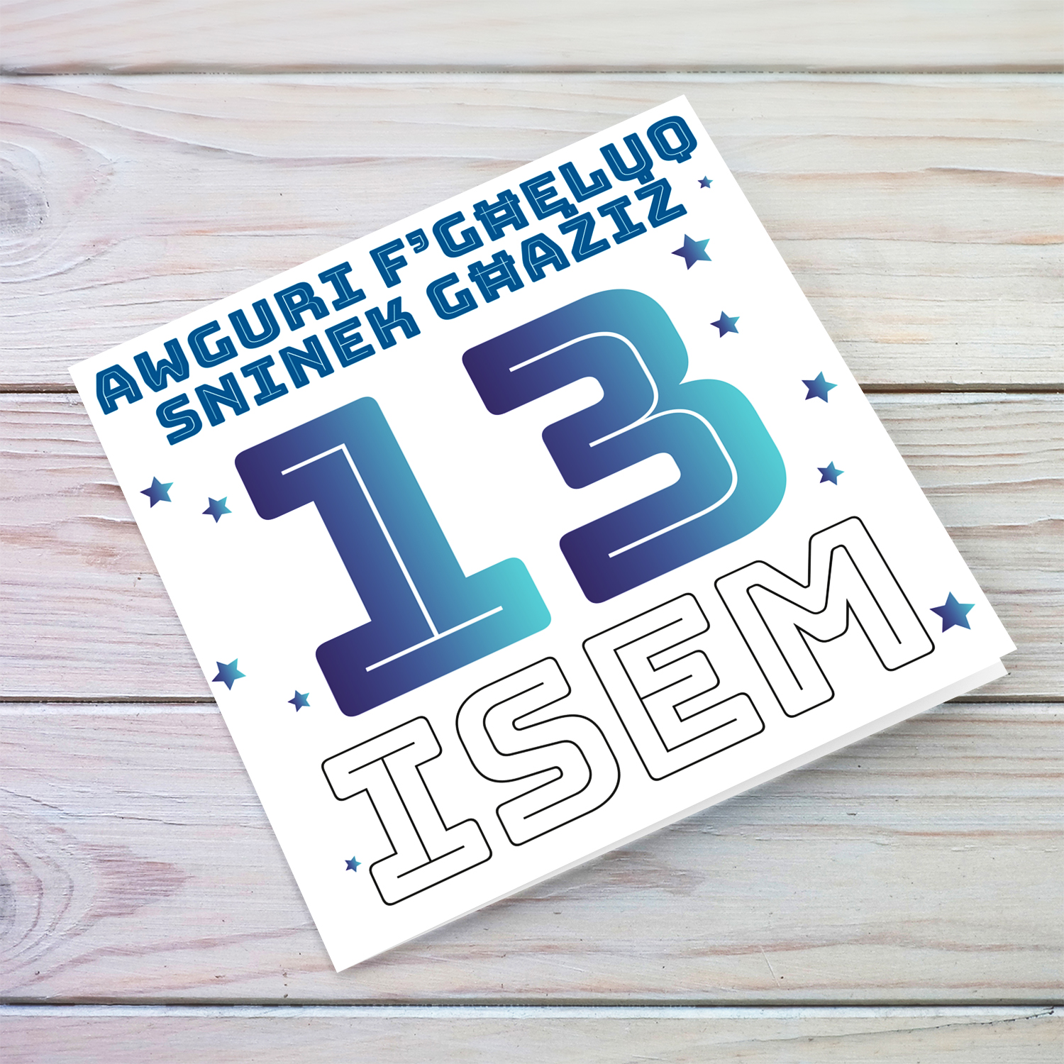 13th birthday card in blue tones in Maltese (Personalisable)