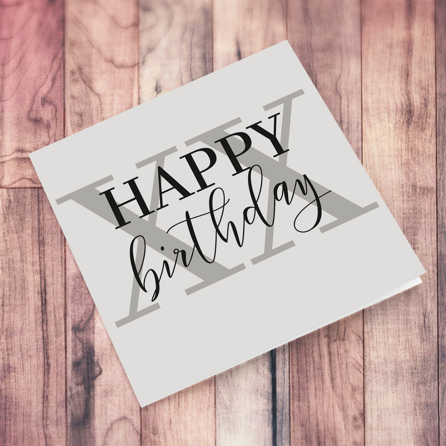 A neutral open birthday card in shades of gray and black text in English (Enter Age)