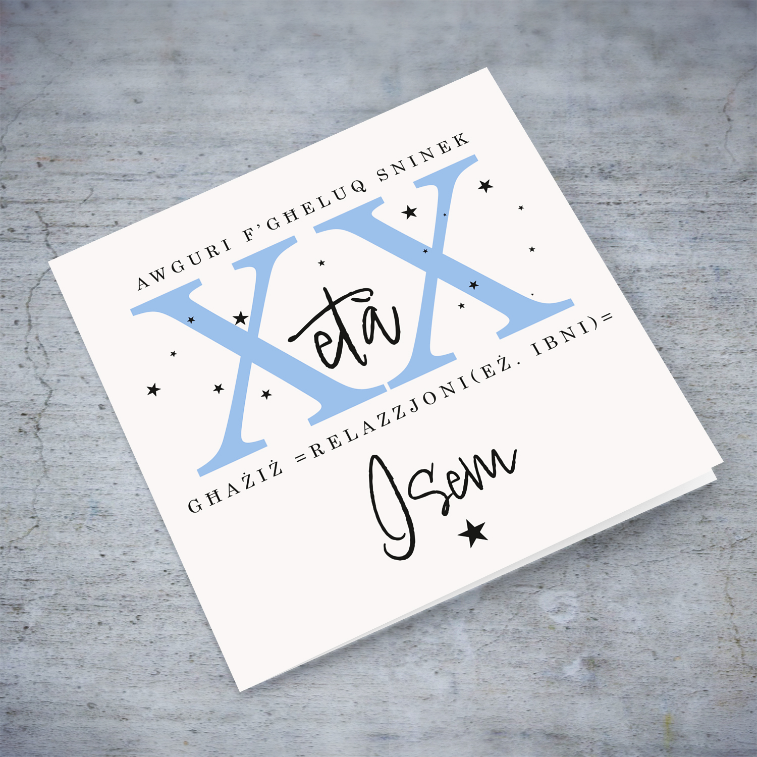A beautiful birthday card in a neutral background with scattered black stars, and age in light blue - with personalisable Name, Age & Relation in Maltese
