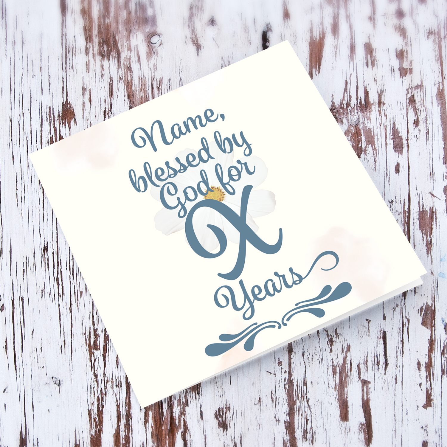 Blessed by God for X years - personalisable birthday card in a flower themed background and blue/gray text in English (enter age)