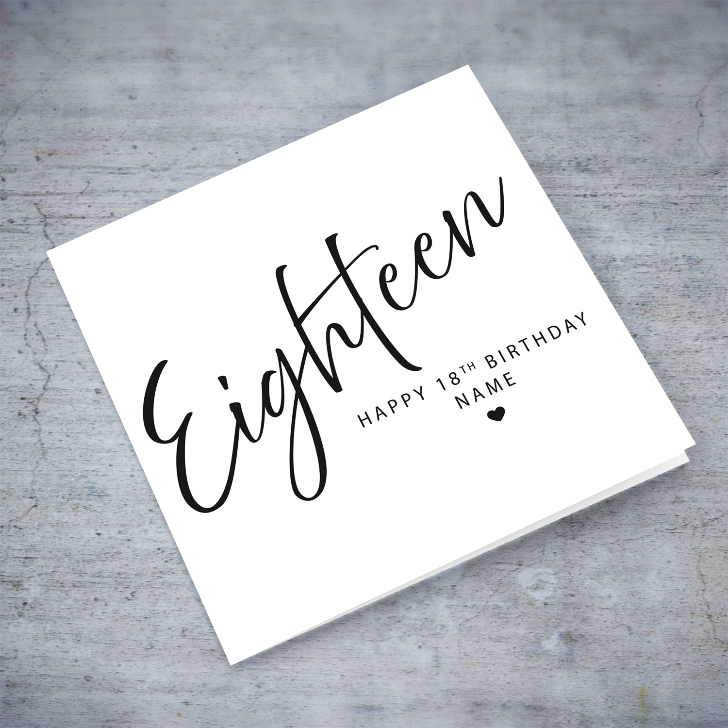 A minimalist 18th birthday card in black text and white background in English (Neutral, Unisex & Personalisable) 